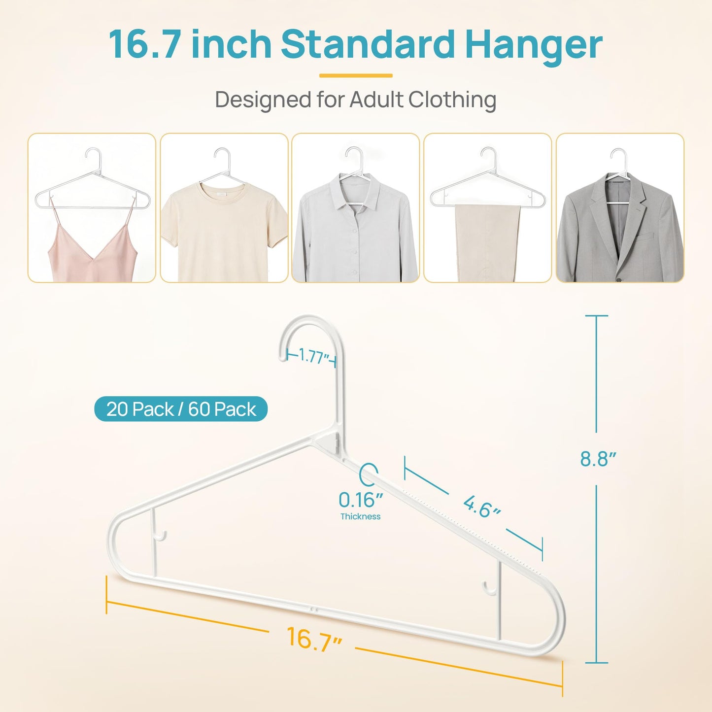 Vtopmart 60 Pack Plastic Clothes Hangers, 16.7in Standard StackFit Hangers for T-Shirt, Coats, Jackets, Sweaters, Non-Slip Slim Hanger with Hooks, Space-Saving in Closet, Durable Clothes Organizers