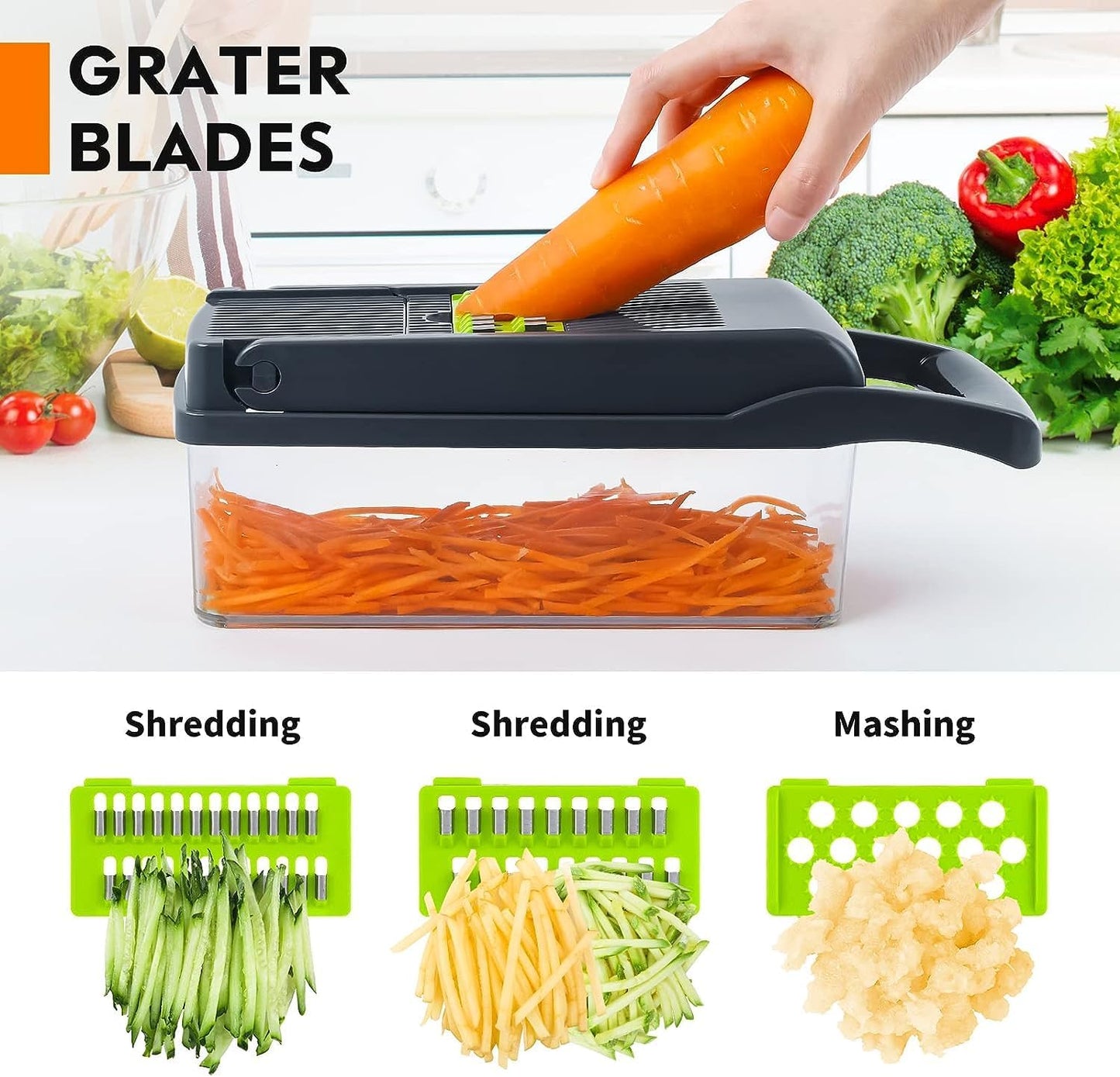 LSLCQW Vegetable Chopper: 16 in 1 Food Chopper - Onion Vegetable Slicer Cutter Dicer, Veggie Cutter with Container, 7 Blades, Kitchen Gadgets for Carrot Salad Garlic Potato Slicer (Grey)