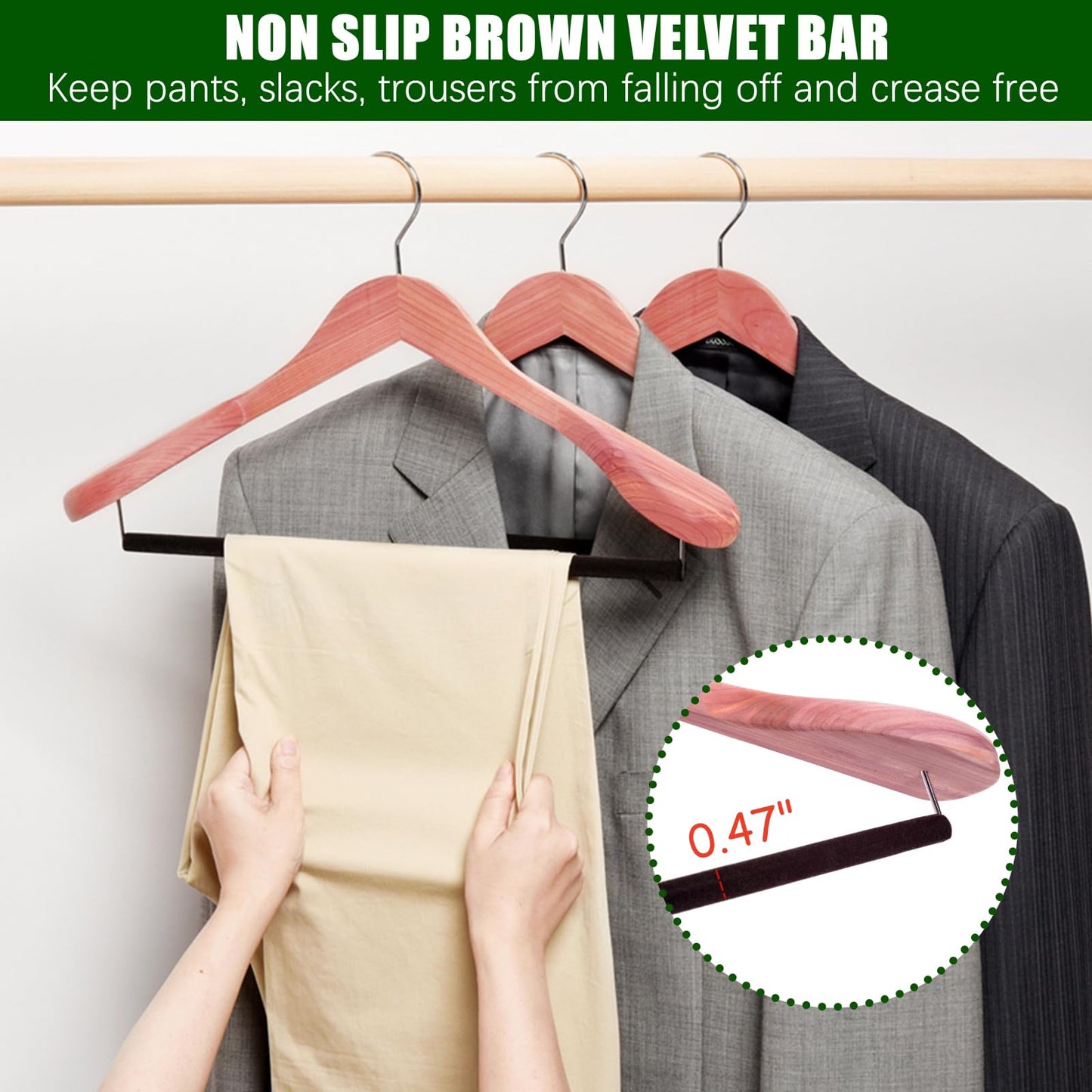 Amber Home 5 Pack Cedar Suit Hangers with Extra Wide Shoulder, Wooden Clothes Hangers for Coats & Jacket, Aromatic Natural Cedar Hangers with Non-Slip Velvet Pant Bar