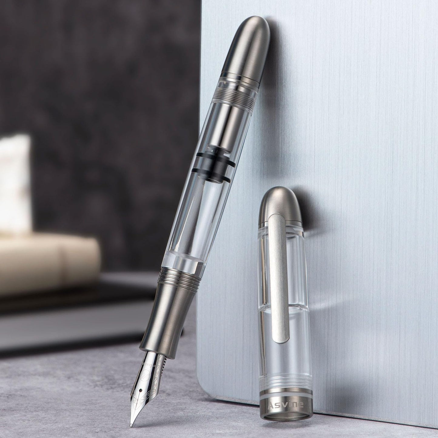 Asvine P36 Titanium Fountain Pen Piston Filling, Iridium Medium Nib Clear Transparent Acrylic Smooth Writing Pen Case Set