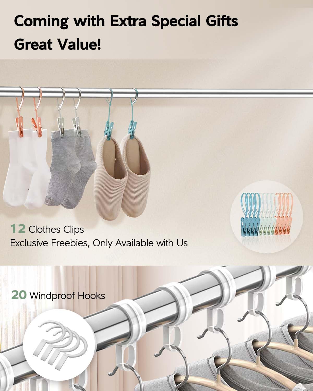Vikaqi Clothes Drying Rack 79 Inches Folding Indoor Outdoor, Drying Rack Clothing Collapsible, Foldable Laundry Drying Rack, Heavy Duty Stainless Steel Clothesline, Garmet Rack, 20 Hooks 12 Clips