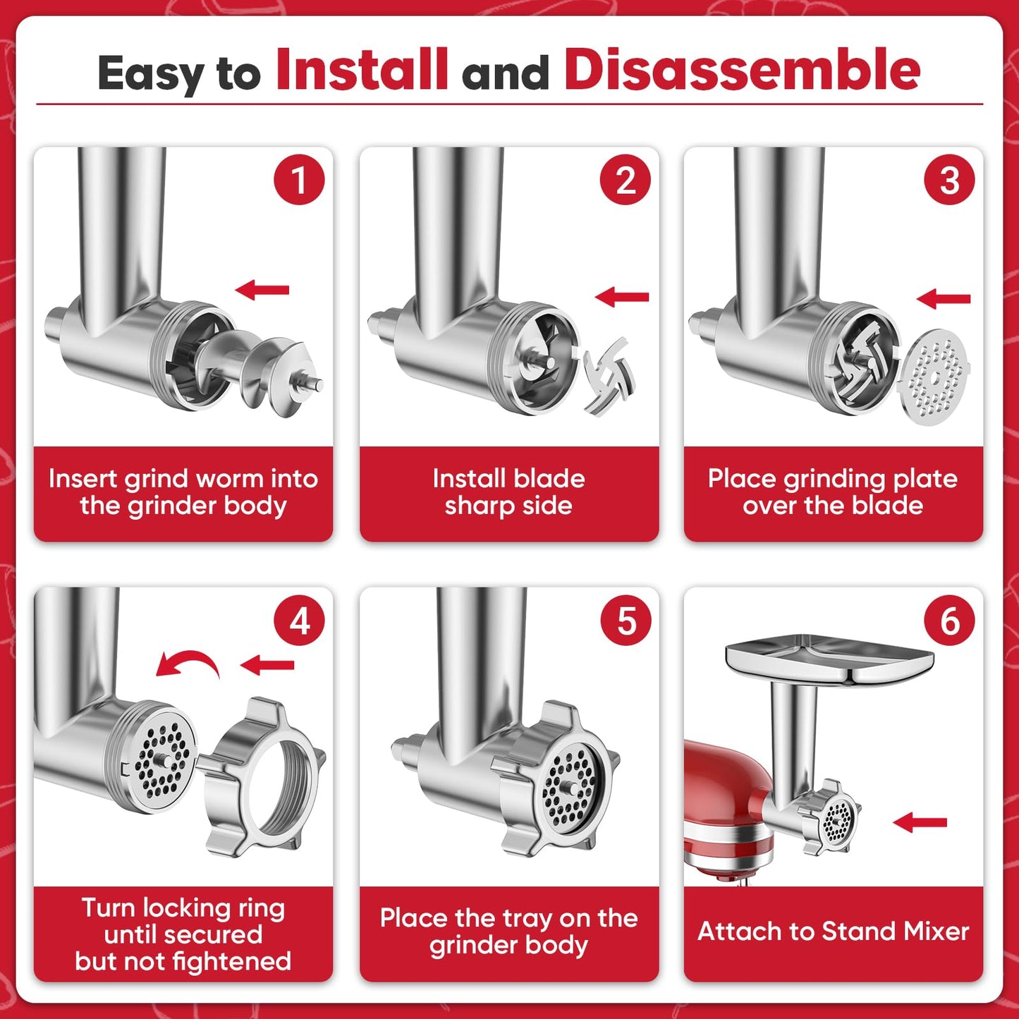 Meat Grinder for KitchenAid Mixer, Meat Grinder Attachment with 4 Grinding Plates, 3 Sausage Stuffer Tubes, 2 Grinding Blades, Attachment for Kitchenaid Mixers