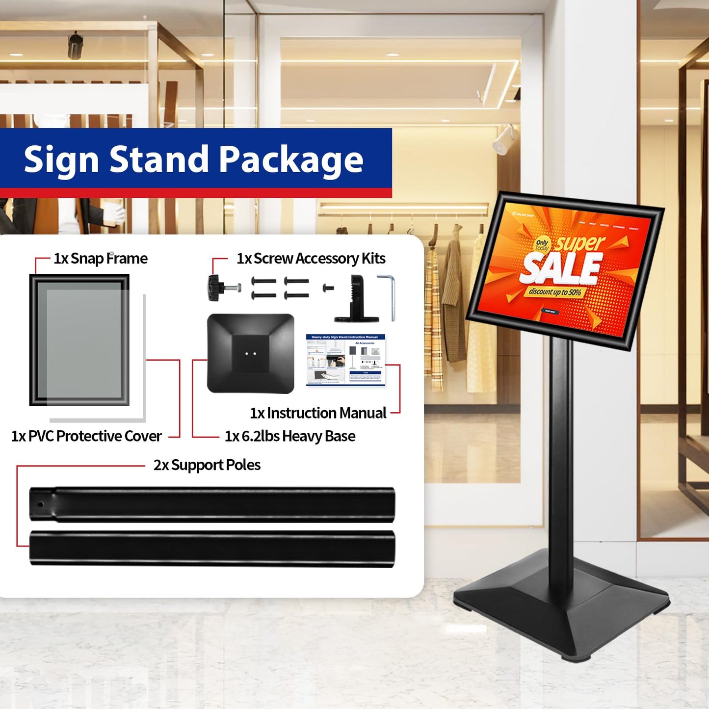 VAIIGO Pedestal Sign holder Stand 8.5x11inch Adjustable Standing Floor Sign Stand with Heavy Base & Snap Frame Display Stand for Indoor Outdoor Business Store Sign Holder Poster Stand (Black)