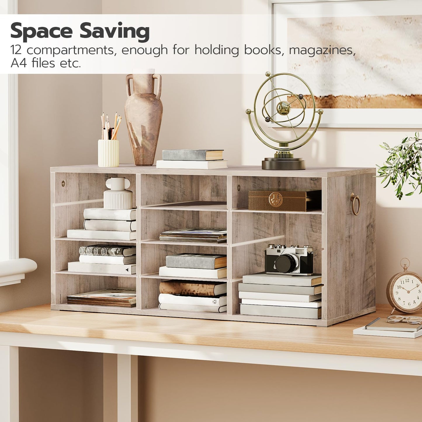 HOOBRO Countertop Mail Sorter Organizer, Wooden Literature Organizer, Student Mailbox for Classroom, Desktop Bill Organizer for Office Home School, 12 Compartments, Greige BG43WF01