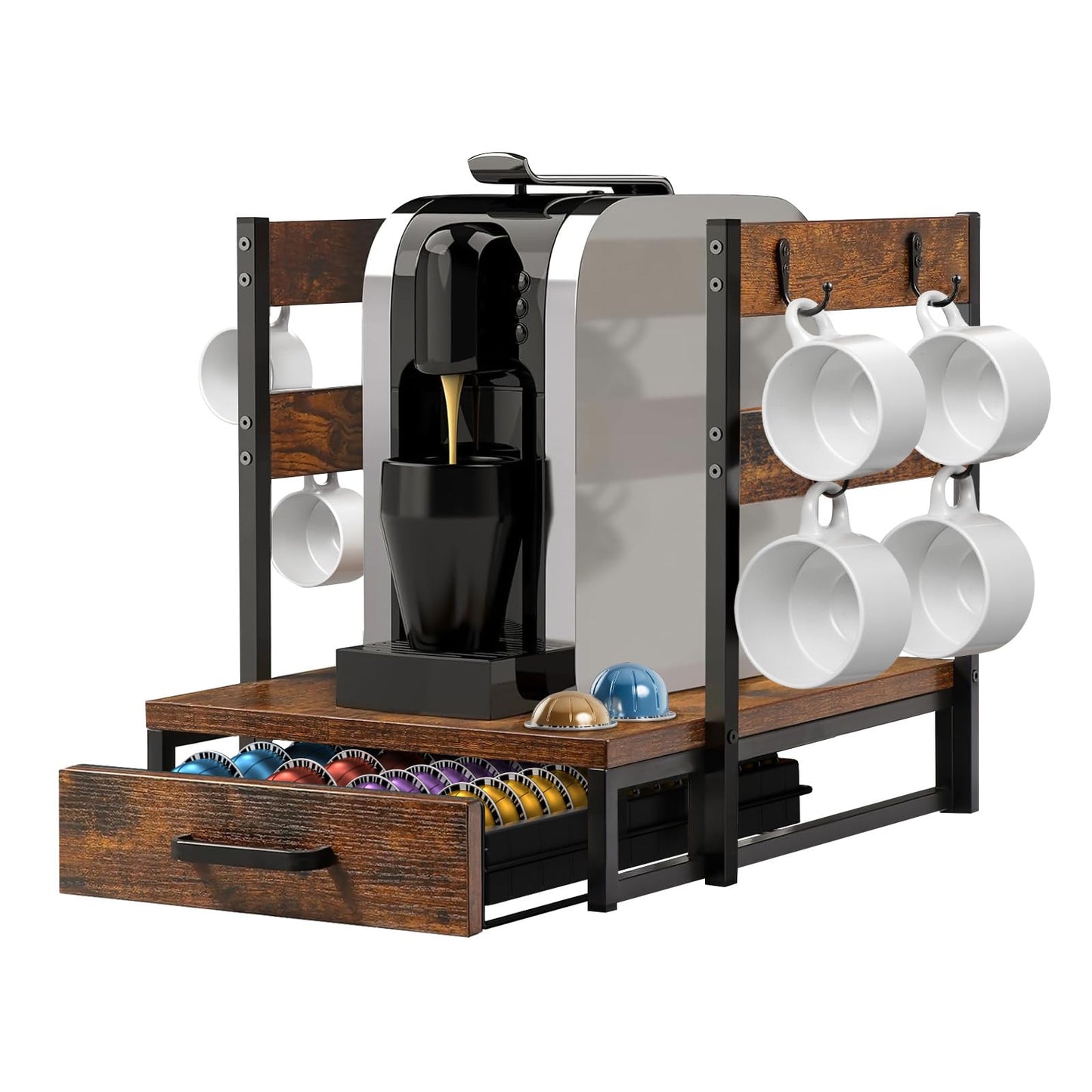 Evermagin Coffee Pod Holder, Vertuo Pod Holder Compatible with Nespresso, 28 Large or 56 Small Nespresso Capsule Organizer Drawer Station with Cup Rack, Rustic Brown