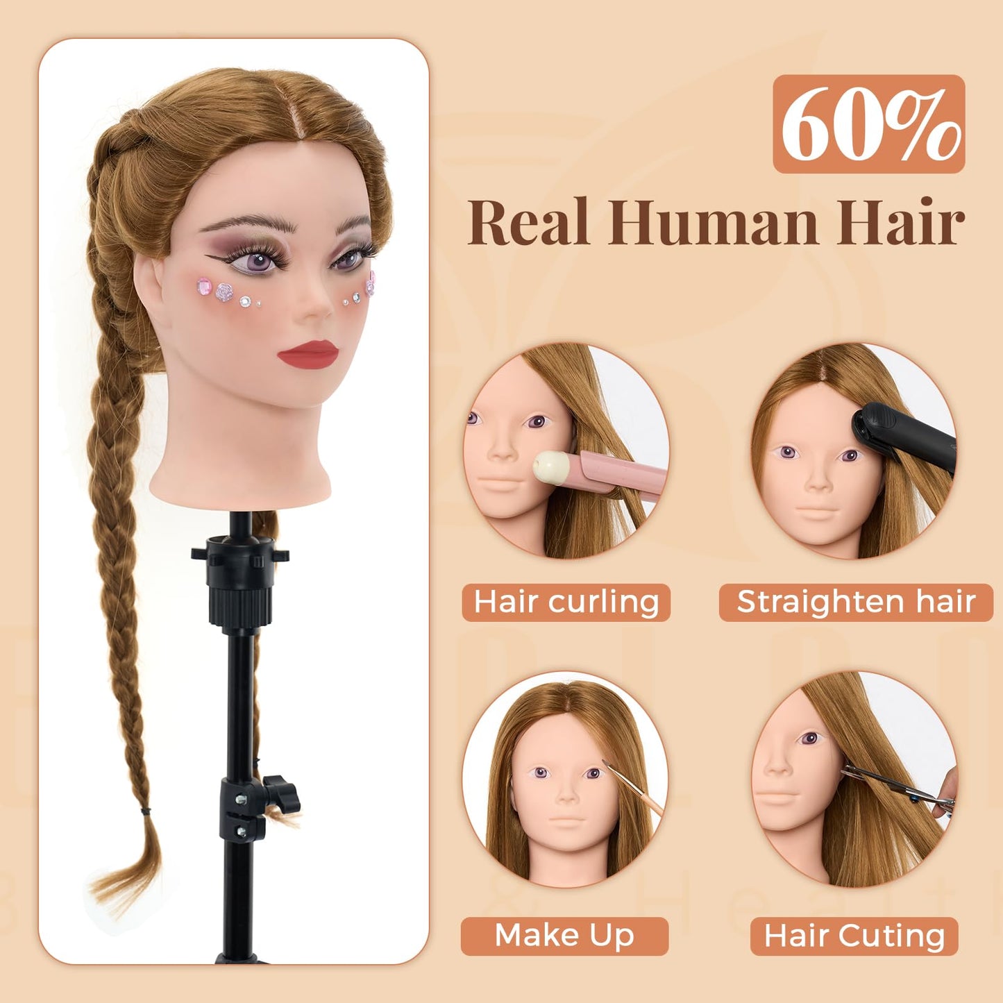 Mannequin Head with 60% Real Human Hair, 28 Inch Make up Cosmetology Manikin Practice Head with Hair,Braiding Hairdressing Doll Head for Hair Styling with Table Clamp + DIY Hair Styling Set