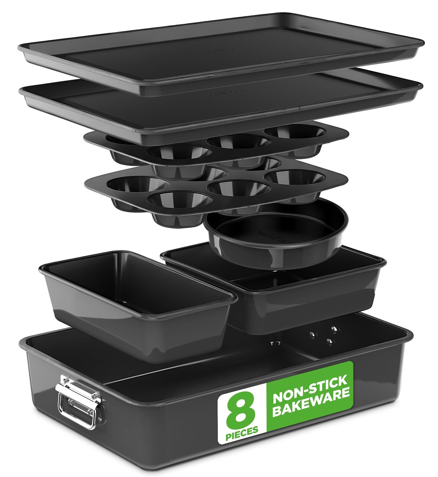 NutriChef 8 Piece Nonstick Bakeware Set | Carbon Steel Baking Pans for Oven | Includes Sheet Pan, Muffin, Loaf, Round and Square Cake Pan | Dishwasher Safe, Stackable Design Oven Safe up to 446°F