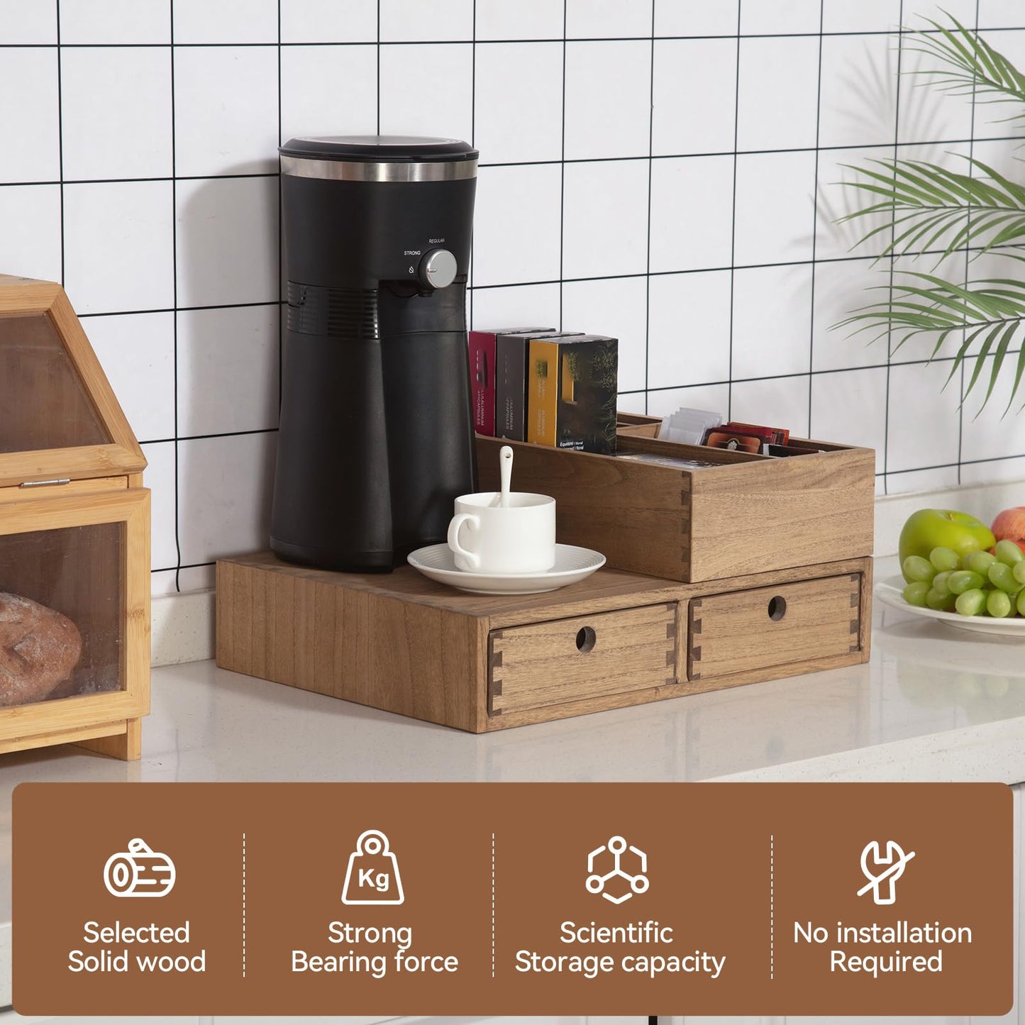 KIRIGEN Wooden Coffee Station Organizer 2-Piece Set - Coffee Bar Storage with Drawers for Sugar, Tea - Coffee Pod Holder and Accessories Organizer for Kitchen Counter Brown KFJTZ-DBR