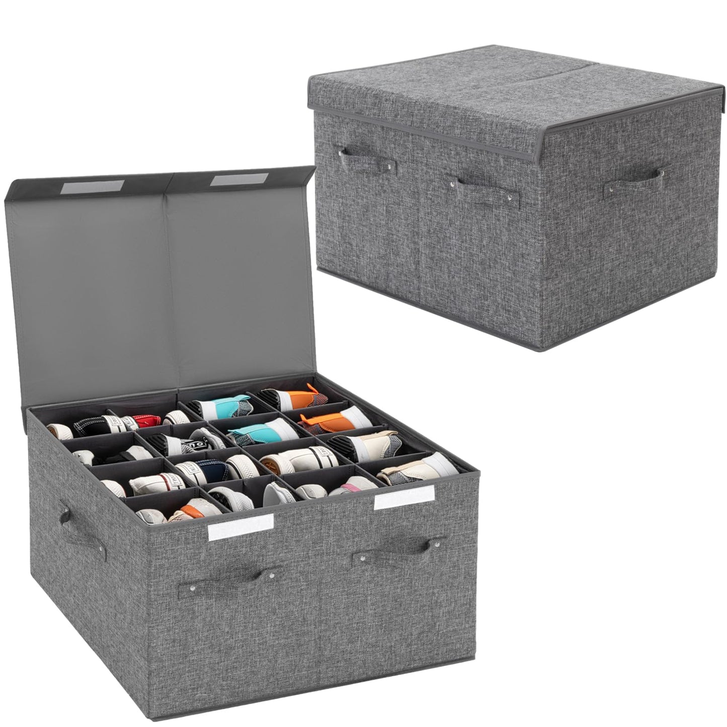 FBBABB 2 Pack Shoe Storage Box Fits 32 Pairs, Large Shoe Organizer with Lid and Adjustable Dividers for Closet, Shoes, Sneakers and High Heeled, Foldable and Stackable (Grey)