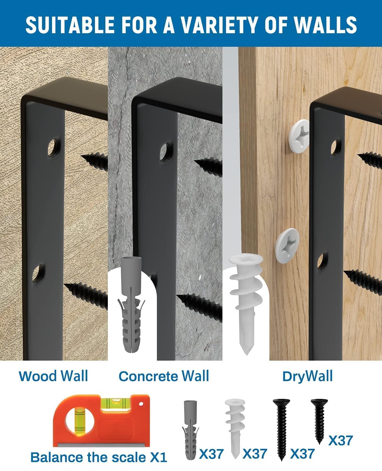 8-Pack 18 Inch Heavy Duty Shelf Brackets, Large Floating Wall Bracket for Garage Storage Shelves, Black Powder-Coated Finish, Load Capacity 800lbs