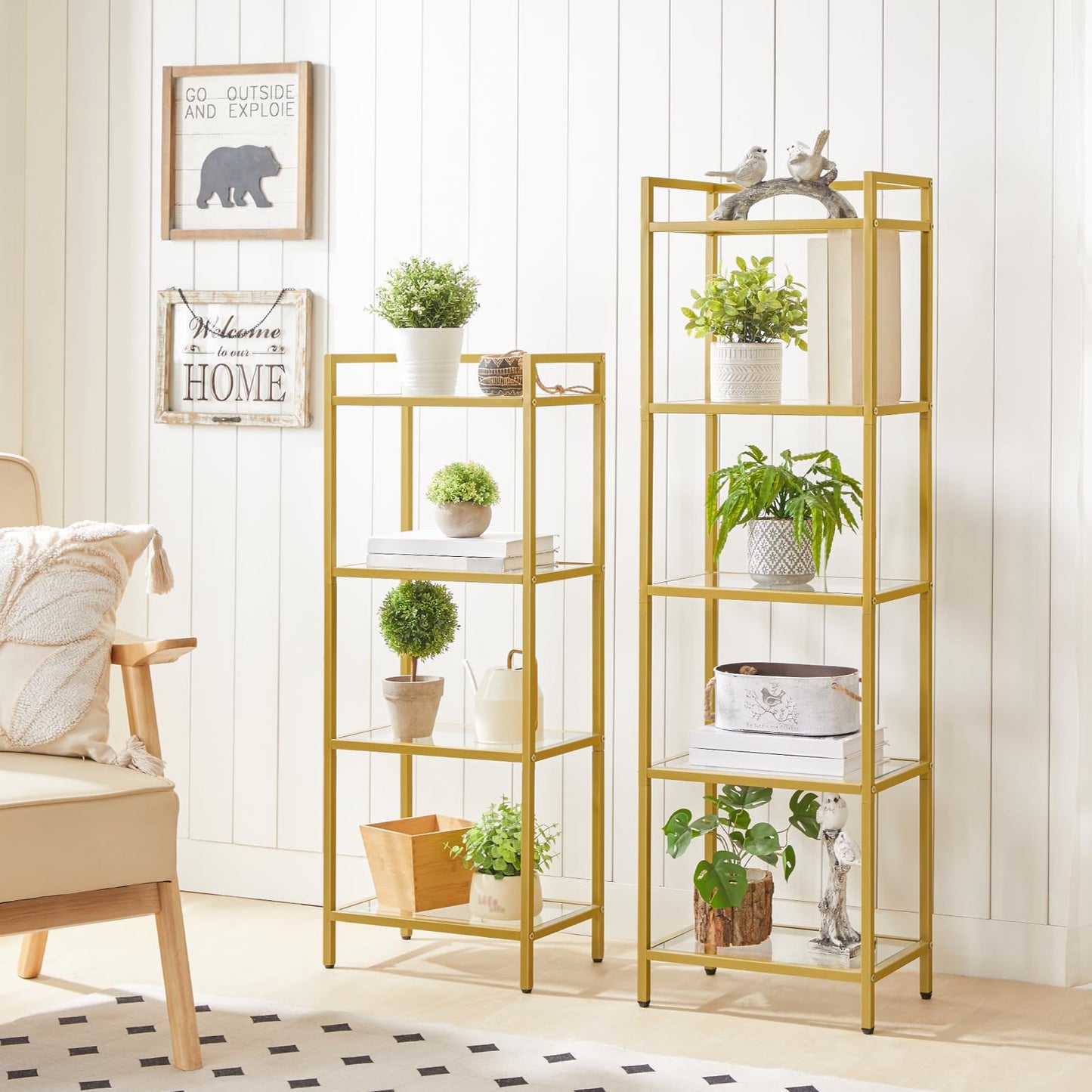 HOOBRO 5-Tier Gold Shelf, Narrow Book Shelf, Display Cabinet with Glass Bookcase, Corner Shelf Storage for Small Spaces, for Home Office, Living Room, Bedroom, Gold GD45SJ01