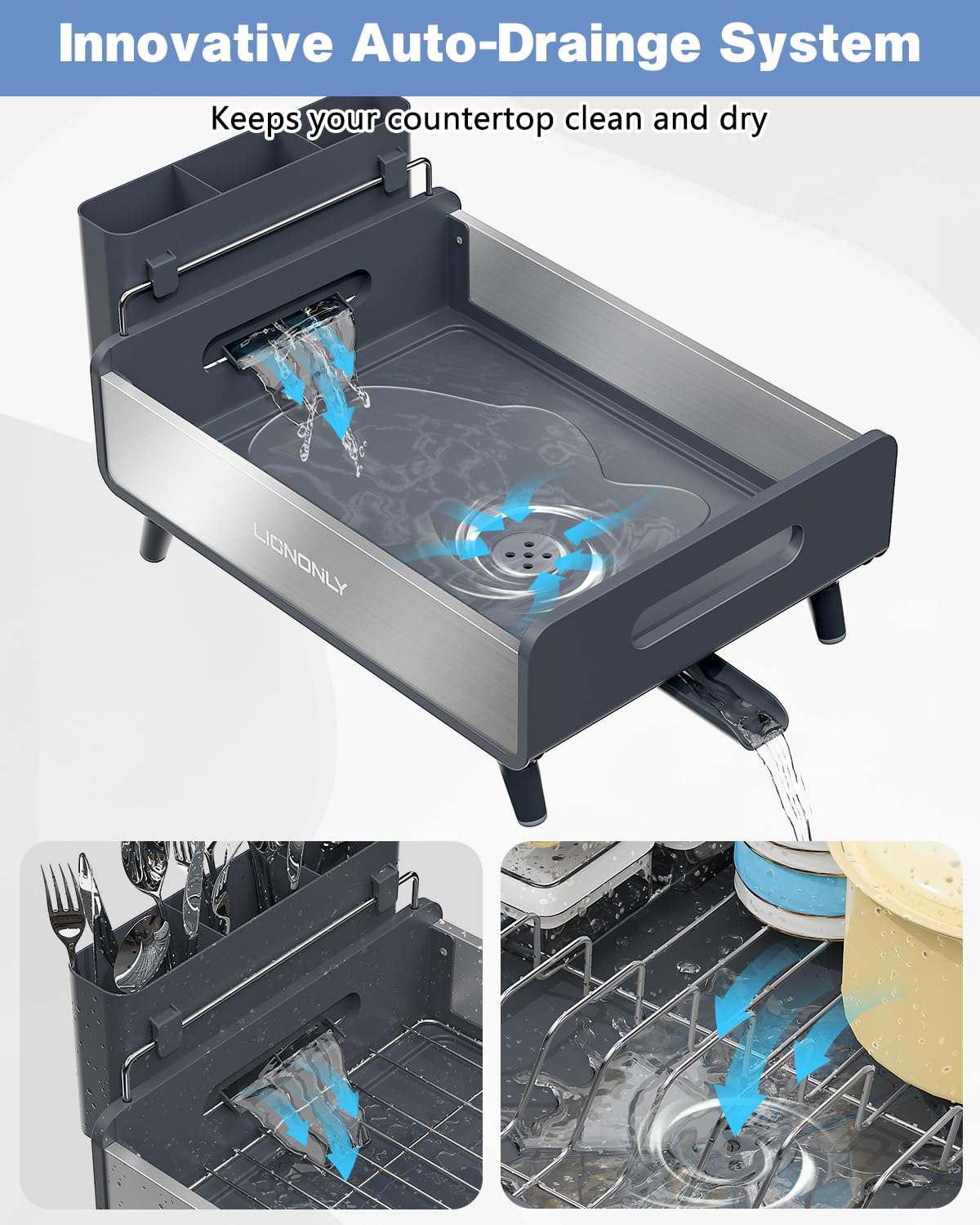 LIONONLY Dish Drying Rack with Drain Board, 304 Stainless Steel Core, Aluminum Rustproof Frame, Anti-Slip Elevated Feet, Removable Adjustable Spout, Utensil Holder, Gray