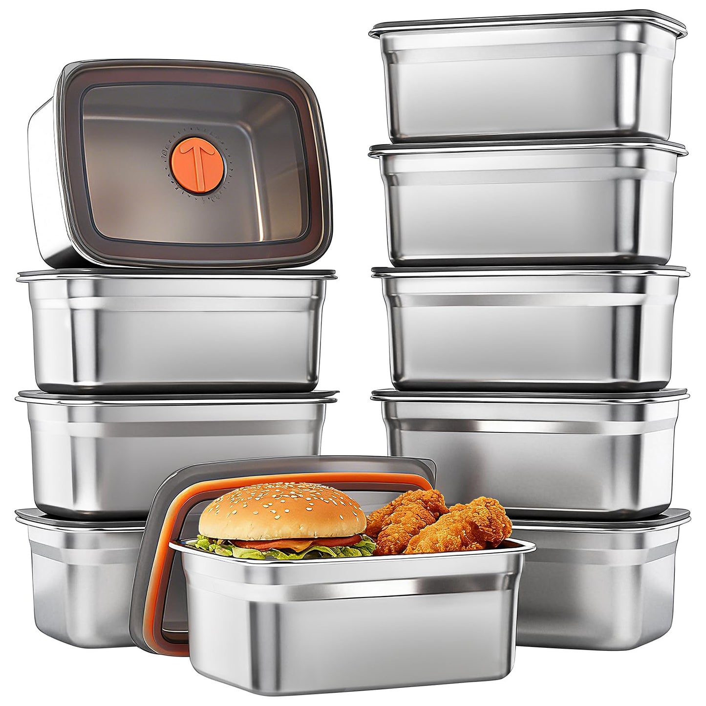 ACTUKSX 10 Pack Stainless Steel Food Storage Containers with Airtight Lids, 50 Oz Each - Stackable, Leakproof Kitchen/Freezer Meal Prep Containers (Dishwasher Safe)