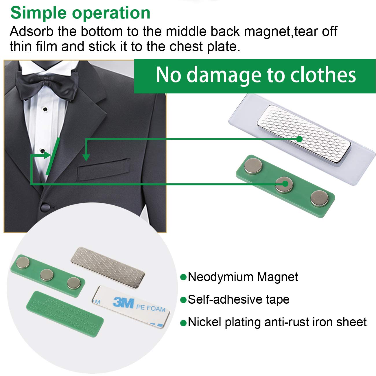 Magreen Magnets 120 Pack Strong Magnetic Name Badge Holders with Steel Back Plate, Name Tags/ID Badge Magnets, Fastener with 3M Adhesive on Front Plate,Strength Neodymium Magnets