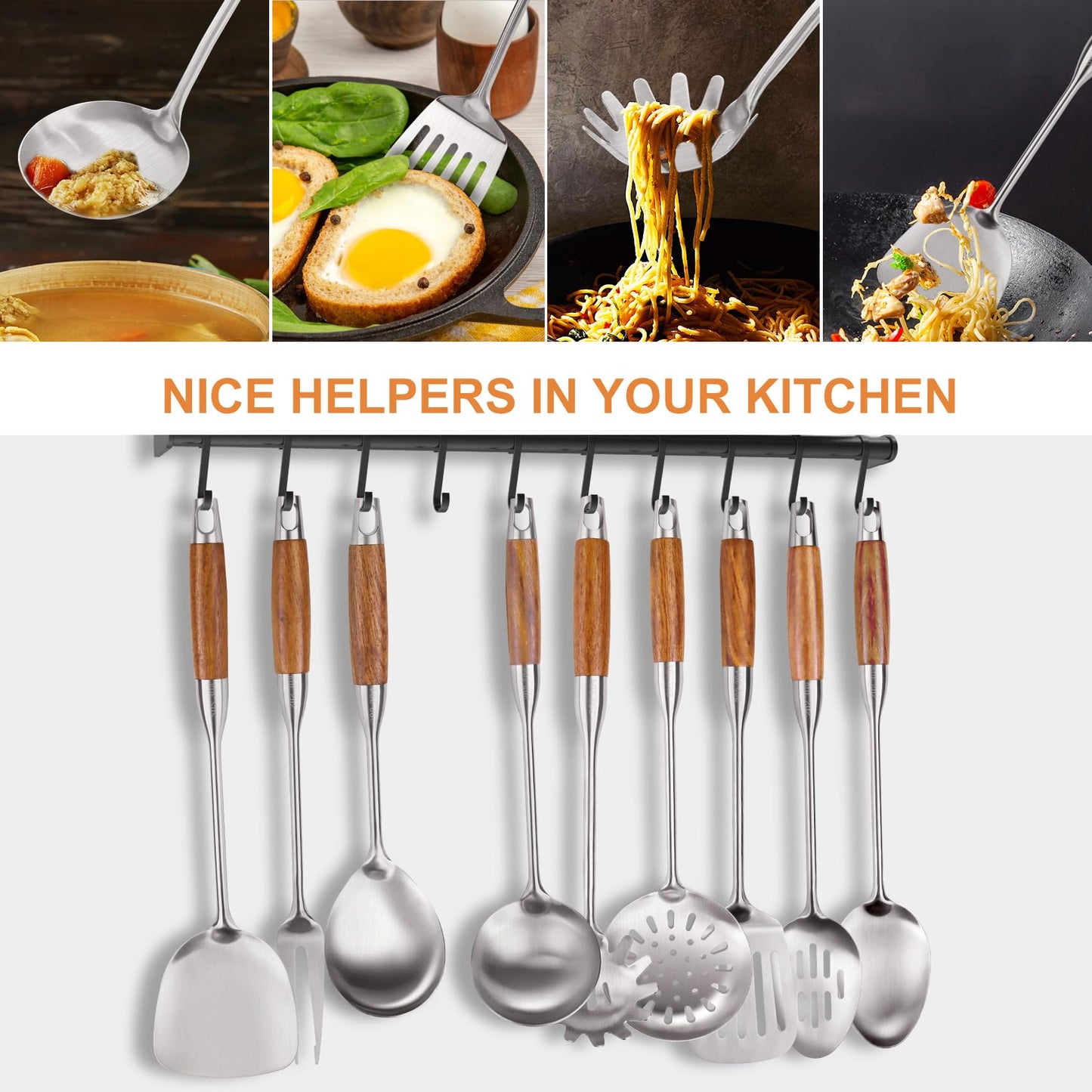 9 PCS 304 Stainless Steel Cooking Utensils set with Wooden Handle, Metal Kitchen Utensils Set, Large Heat Resistant Wooden Handle Kitchen Tools, Stainless Steel Wok Spatula