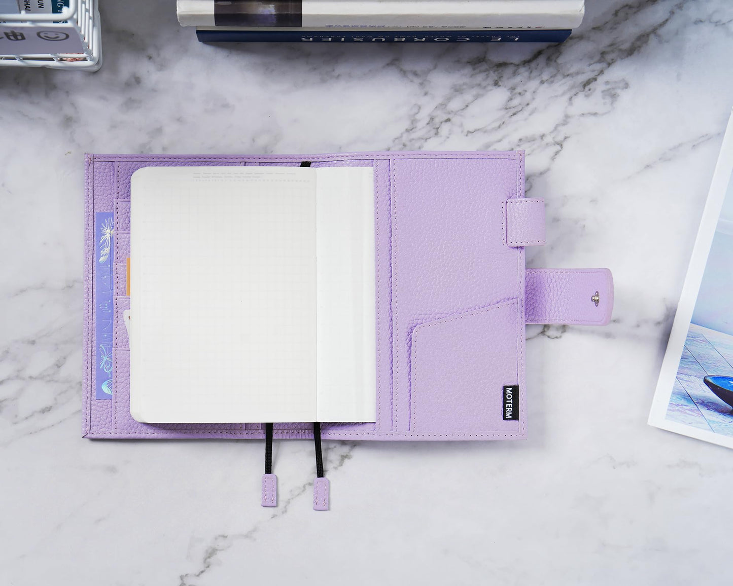 Moterm Leather Cover for A6 Notebooks - Fits Hobonichi Original, Stalogy and Midori MD Planners, with Pen Loop, Card Slots and Back Pocket (Pebbled-Lavender, A6+)