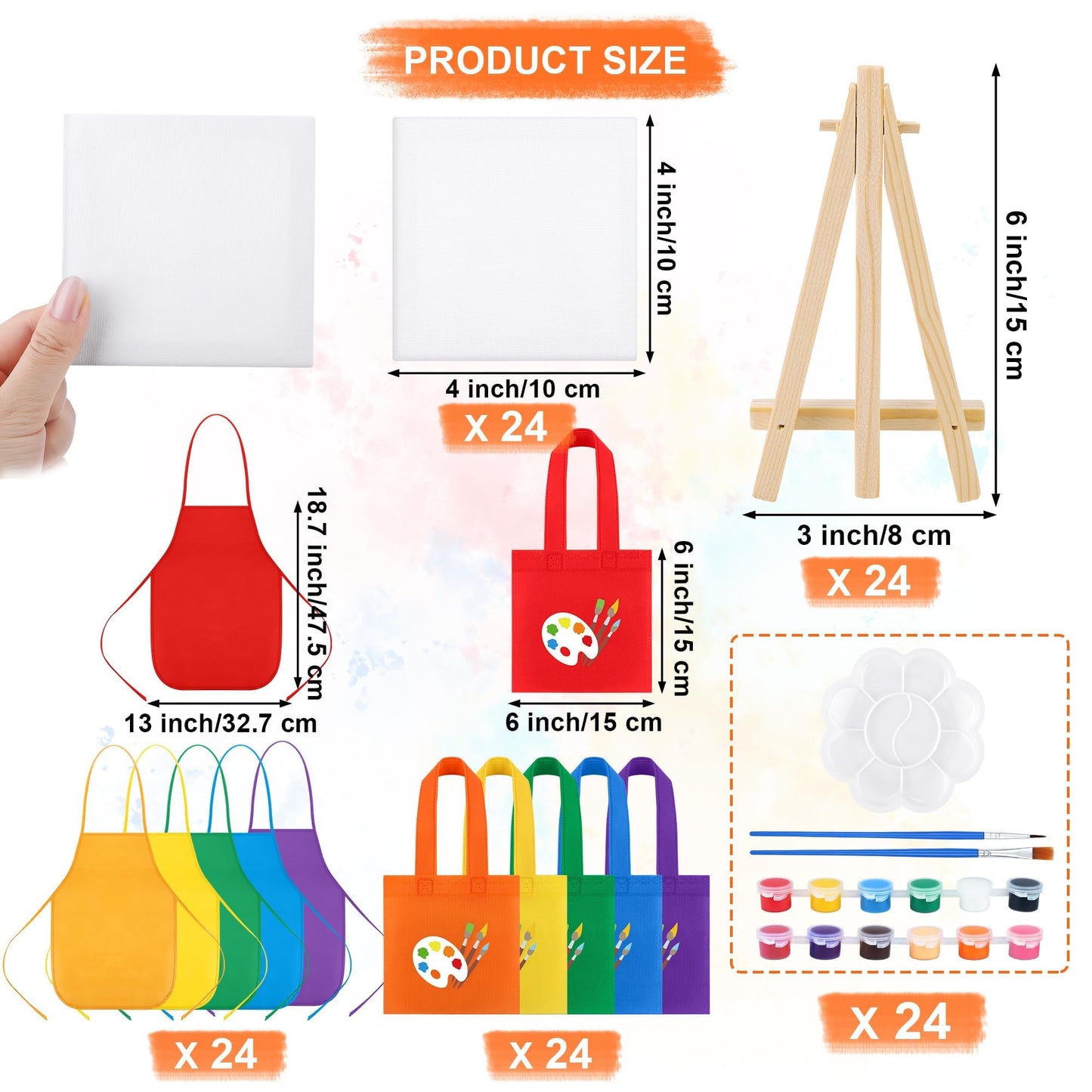 Aneco 24 Packs 4 x 4 Inch Mini Canvases for Painting with Easels Aprons Canvas Tote Bags Brushes Palettes Small Art Stretched Canvas Painting Supplies Kit for Party