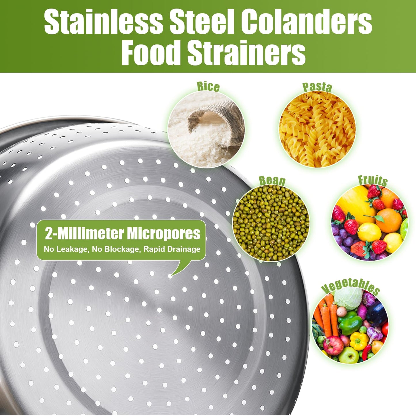 Palksky Stainless Steel Colander Set with Self-Draining Base, 3 Sizes Colanders & Food Strainers for Pasta, Rice, Fruits & Veggies, Metal Colander with Draining Plate for Sink or Countertop