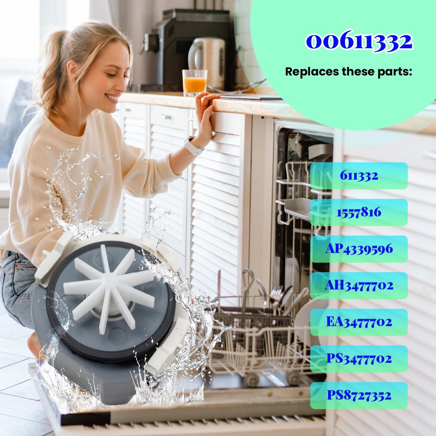 OEM 00611332 Dishwasher Drain Pump Assembly Compatible with Bosch Kenmore,Replaces 611332 1557816 AP4339596 PS3477702 & More Models