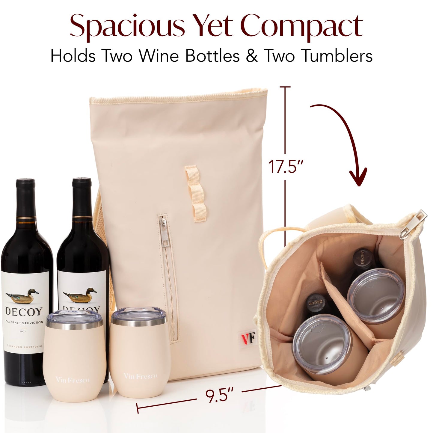 VIN FRESCO Two Bottle Rolltop Wine Tote Bag – Stylish PU Leather Backpack with Matching Tumblers – Wine Carrier with Padded Straps and Compartments for Travels & Picnics (Beige)