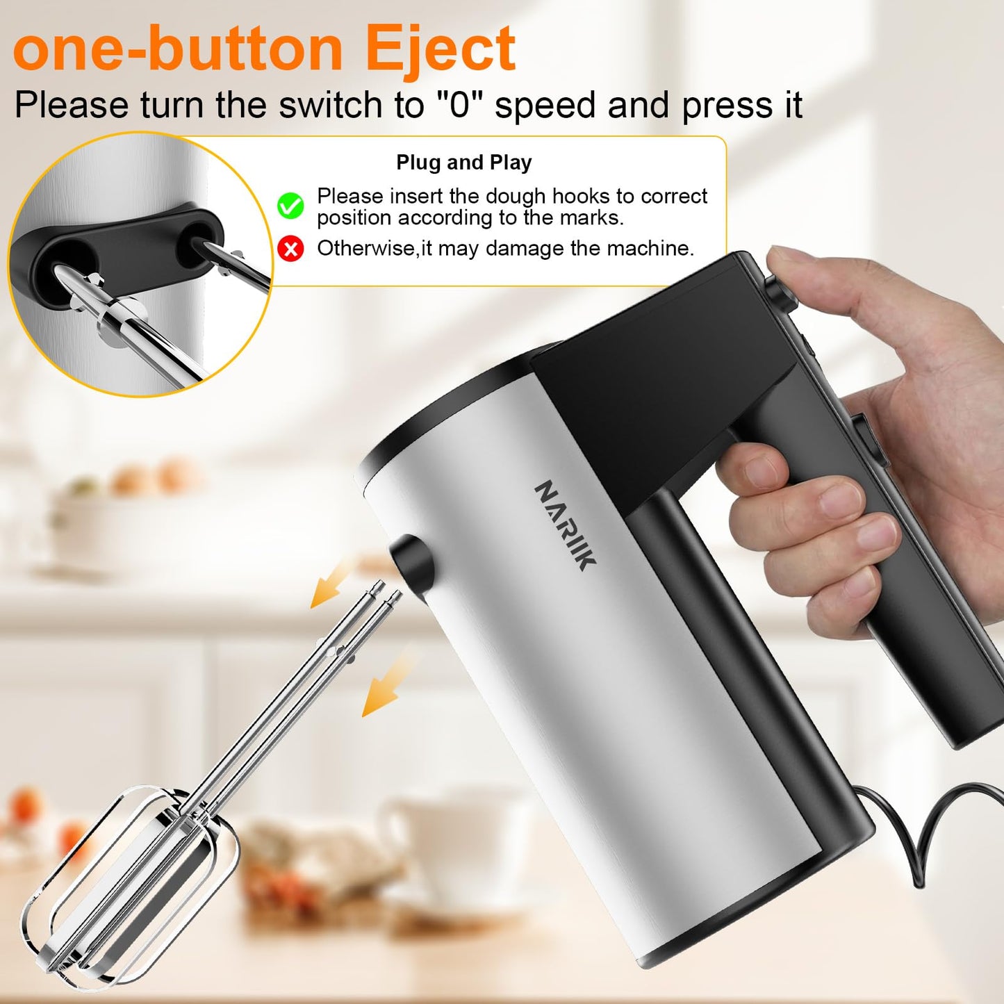 Electric Hand Mixer, Kitchen Handheld Mixer, Turbo Boost/Self-Control Speed + 5 Speed + Eject Button + Stainless Steel Hand Beaters*2 & Dough Hooks*2, Small Mixer for Cream/Cookies/Dough