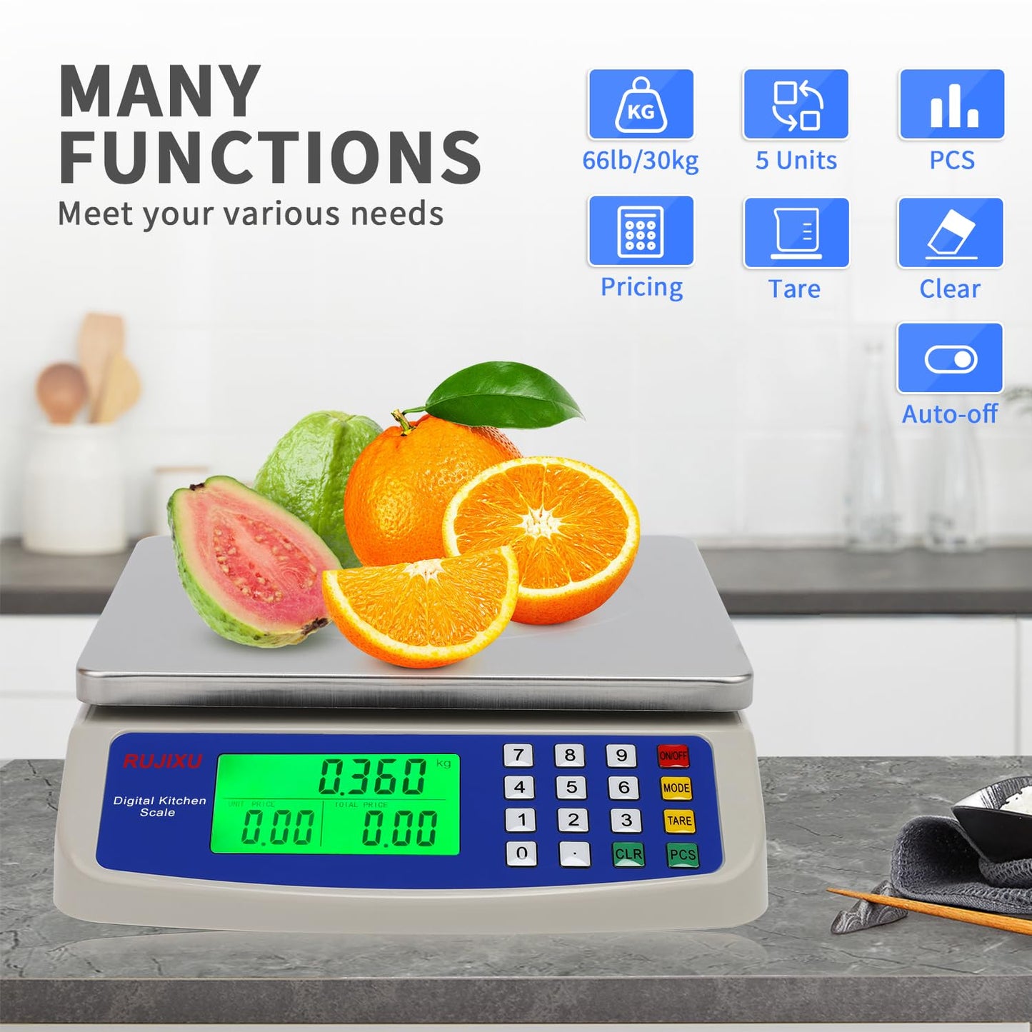Large Digital Kitchen Scale 30KG Commercial Food Scale 66LB for Baking Bread Meat Stainless Steel Price Computing Scale LCD Display,Prep Counting Scale for Parts and Coins Adapter Included