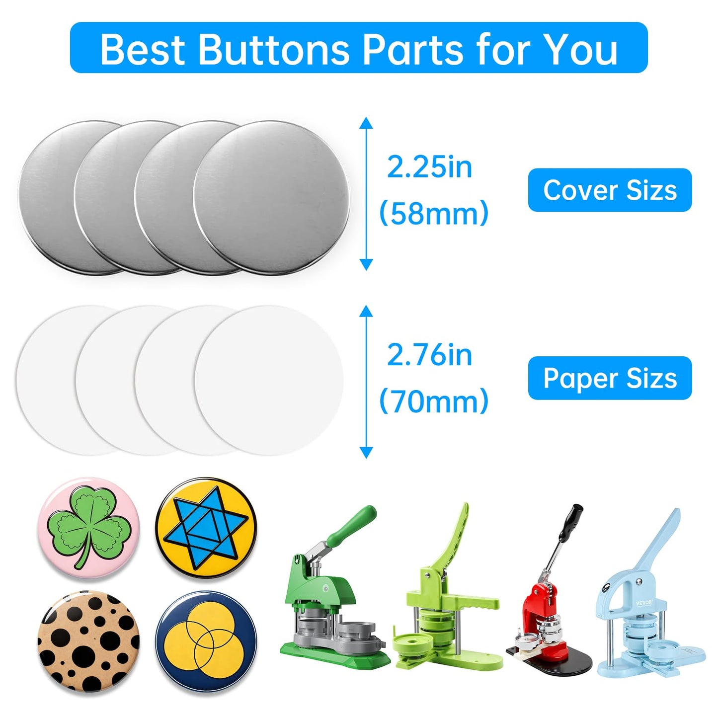 100 Sets Button Maker Supplies 58mm/2.25in，Button Parts for Fridge Magnet Button Maker Machine，Including Metal Cover, Metal Back Cover, Clear Film, Blank Paper, Soft Magnet