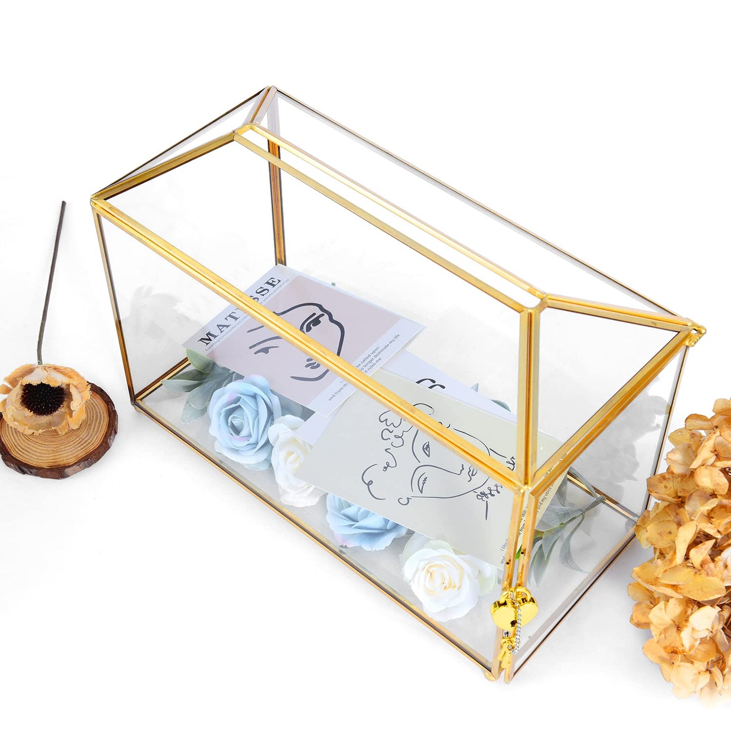 Ripprovt Glass Wedding Card Box with Lock, 12.6x5.9x9 inches Large Gold Card Boxes for Wedding Reception, Keepsake Display, Graduation, Party Centerpiece Decorative Box