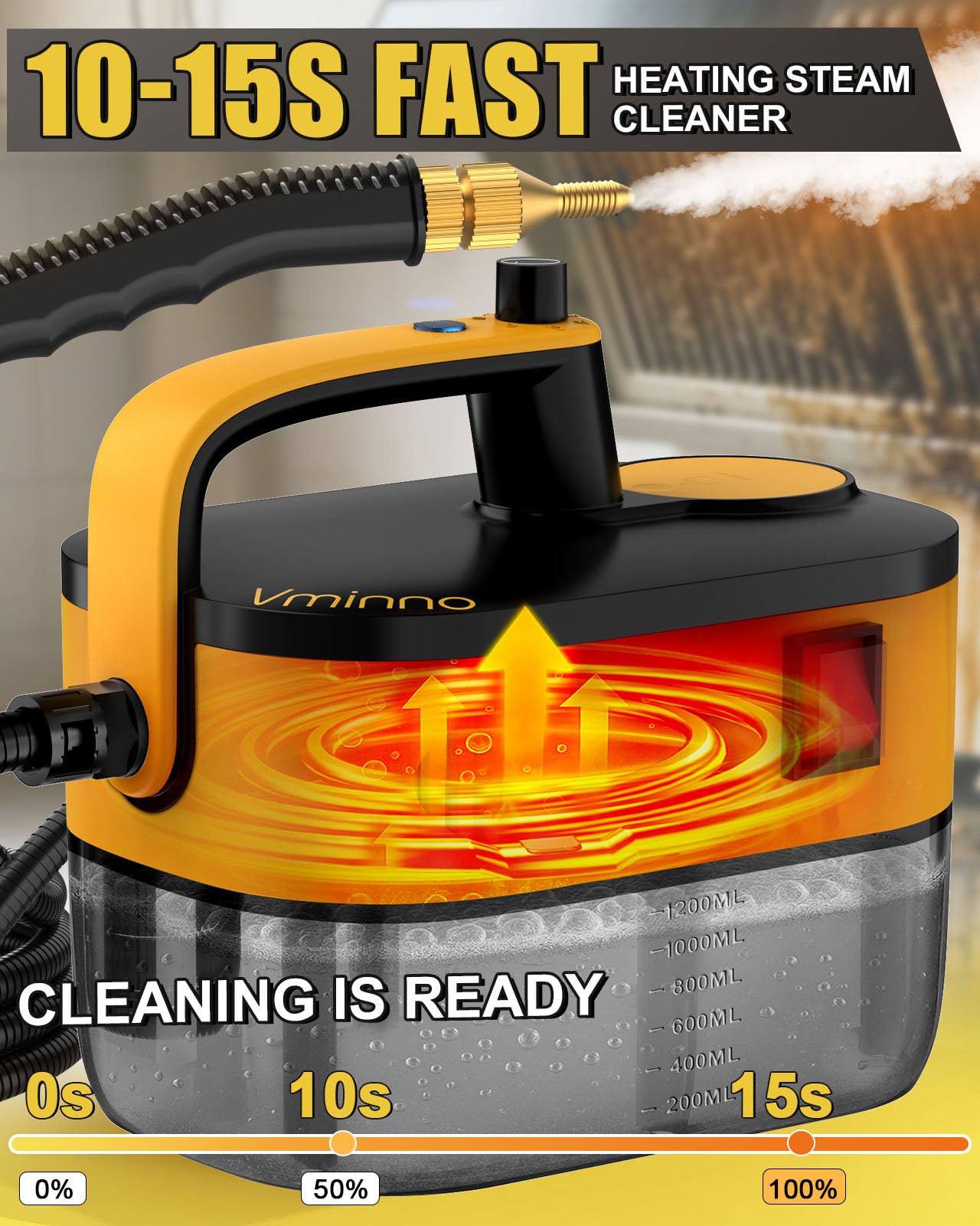 Heavy Duty Steam Cleaner for Home, Fast Heating & 1.2L Tank, 6-Level Adjustable Pressurized Portable Steamer for Cleaning with 11 Accessories for Grout, Tile, Floor, Car and More(Yellow)