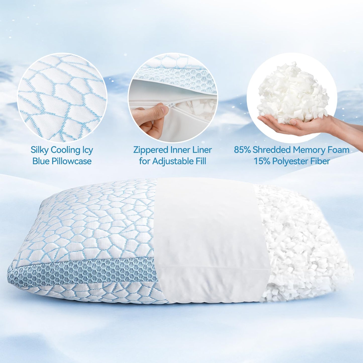 QUTOOL Double Sided Cooling Pillow for Hot Sleepers, Shredded Memory Foam Pillows Queen Size Set of 2, Adjustable Soft & Firm Gel Bed Pillow for Side, Back, Stomach Sleepers