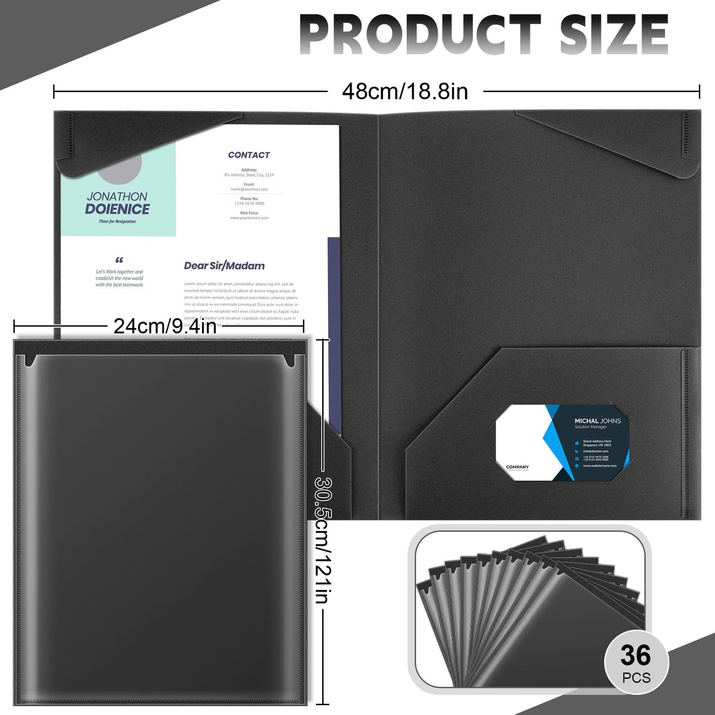 Henoyso 36 Pack Black Plastic Folders with Clear Front Pockets Heavy Duty File Folders with 2 Pockets and Card Slot for Student Communication School Office Presentation Report