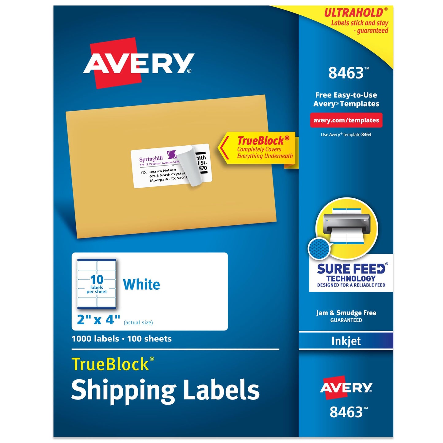 Avery Printable Shipping Labels, Sure Feed Technology, 2" x 4" Customizable Stickers, White, 1,000 Blank Mailing Labels, Great for Mailing, Shipping, and More (8463)