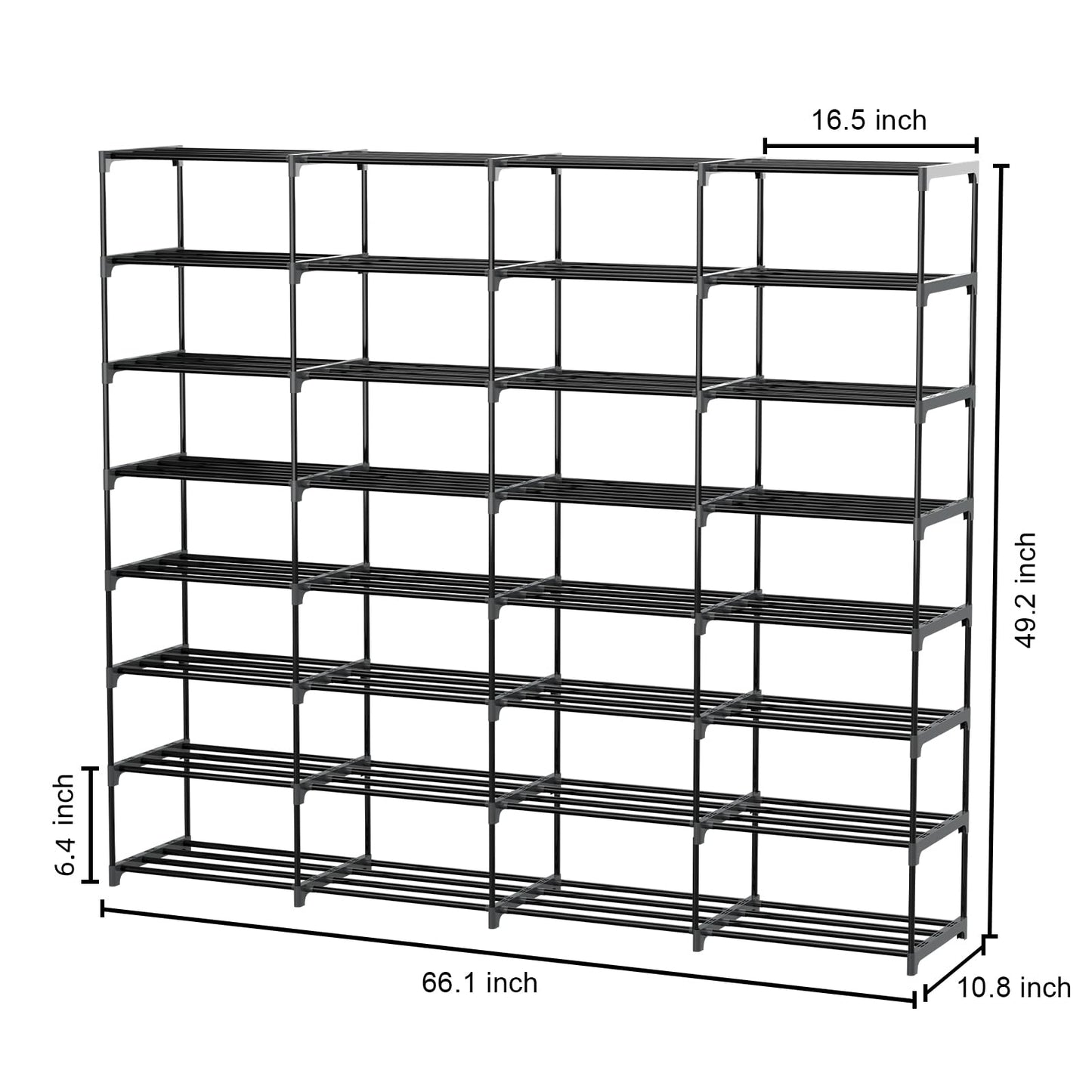 SMILHELTD Large Shoe Rack 4 Row 8 Tier for Entryway Holds 64 Pairs, Metal & Plastic Shelves, DIY Assembly, Space Saving Storage Unit for Garage Closet, 66.1" W x 49.2" H