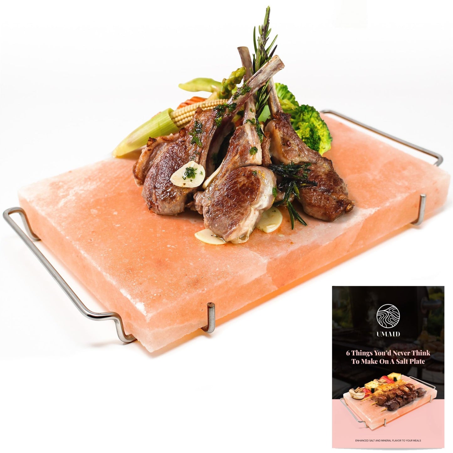 UMAID Himalayan Salt Block Cooking Plate 12x8x1.5 – Unique Gifts for Men, Food Grade Pink Himalayan Salt Stone for Cooking, Grilling, Serving & Food Presentation with Stainless Steel Tray & Recipe Booklet
