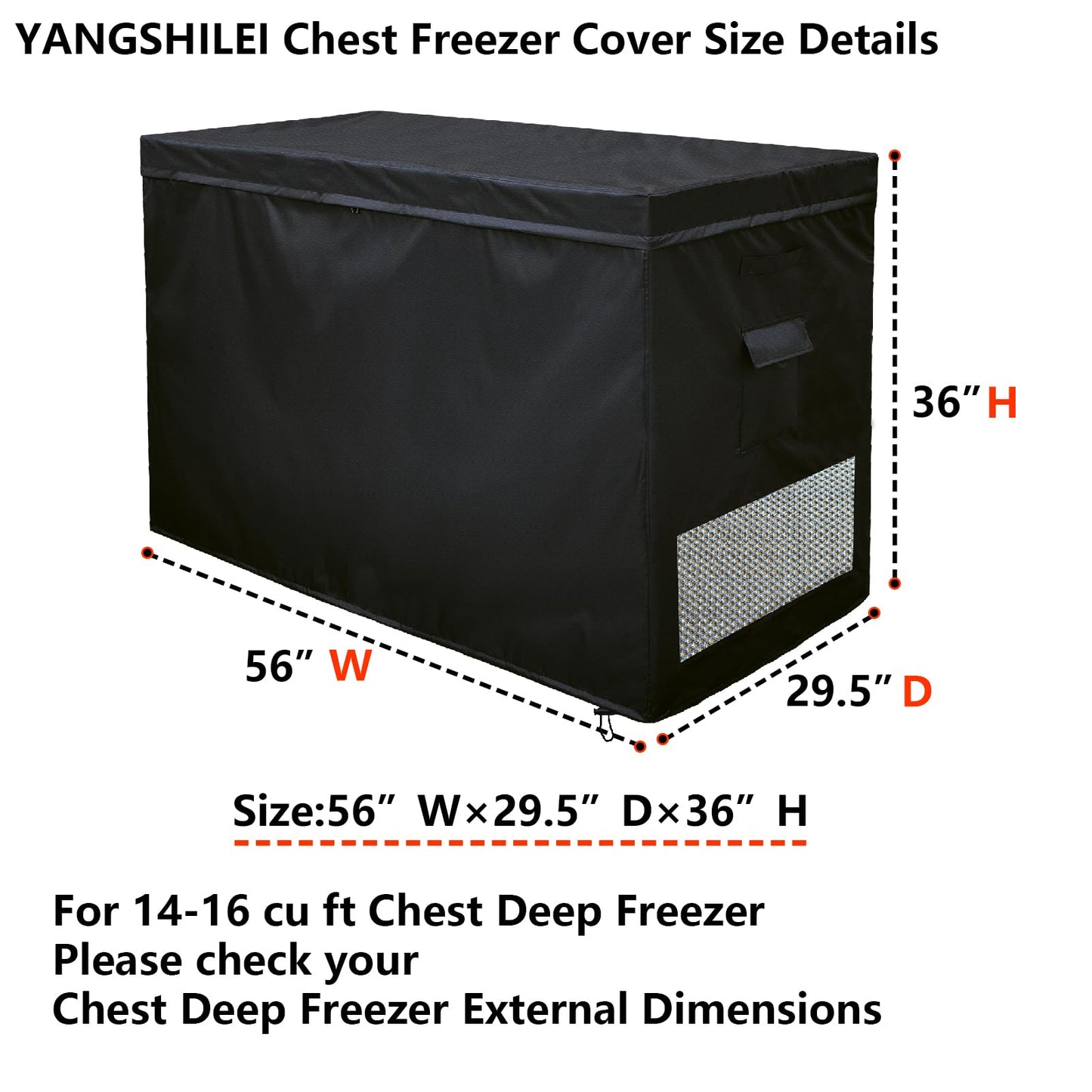 YANGSHILEI Chest Deep Freezer Cover for 14-16 cu ft Chest Deep Freezer Waterproof Dustproof,Top with Zipper to Open UV Resistance Chest Deep Freezer Protector 56"W×29.5"D×36"(Black)
