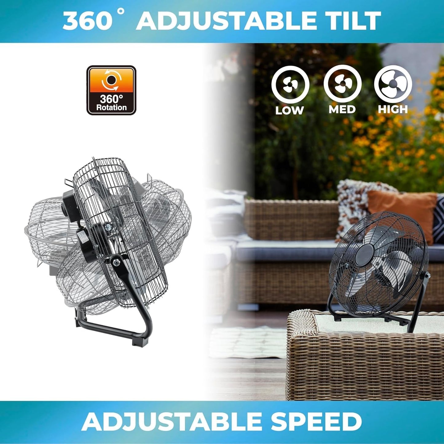 EZ-CHILL 12” Cradle Floor Fan, 3 Speed, High Velocity, 180 Degree Adjustable Tilt, All-Metal, Carry Handle, Rubber Feet, Airflow 15.42 ft/sec, Ideal for Home, Bedroom & Office, Black