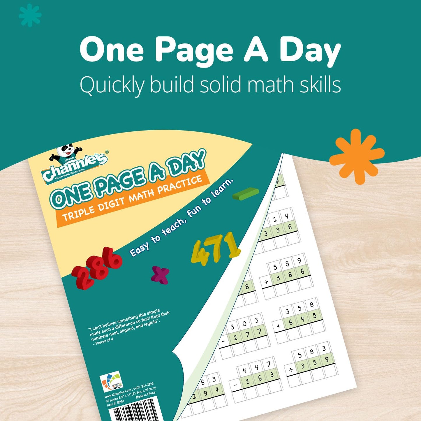 Channie’s One Page A Day Single, Double & Triple Digit Math Worksheets for Pre-K to 3rd Grade Kids, Addition & Subtraction Workbook, Easy Tear-Off Pages, 3 Pack for Daily Practice