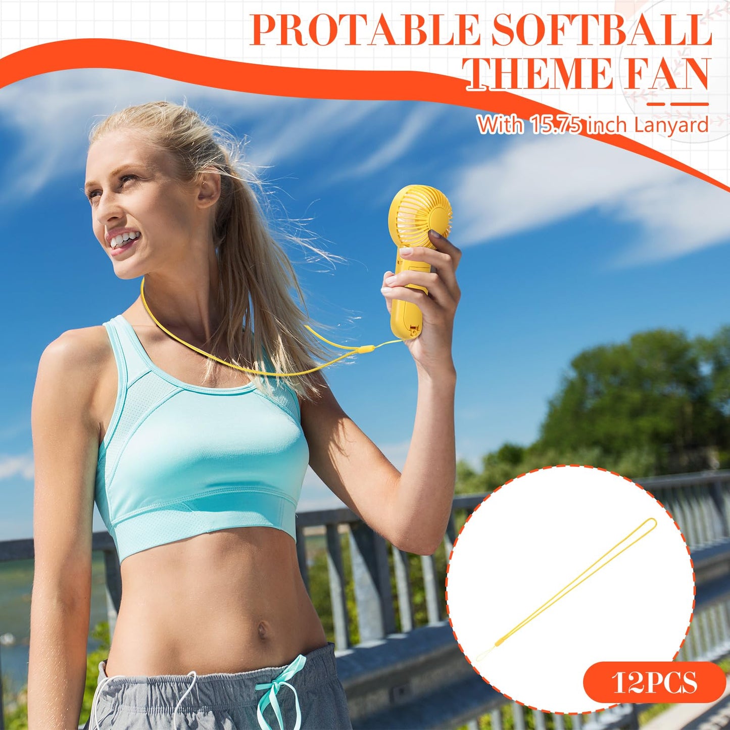 Honoson 12 Pcs Mini Portable Softball Fan Bulk Small Personal Handheld Fan with Lanyard for Team Gift Game Outdoor Sport Party Favors, Battery Not Include(Yellow)