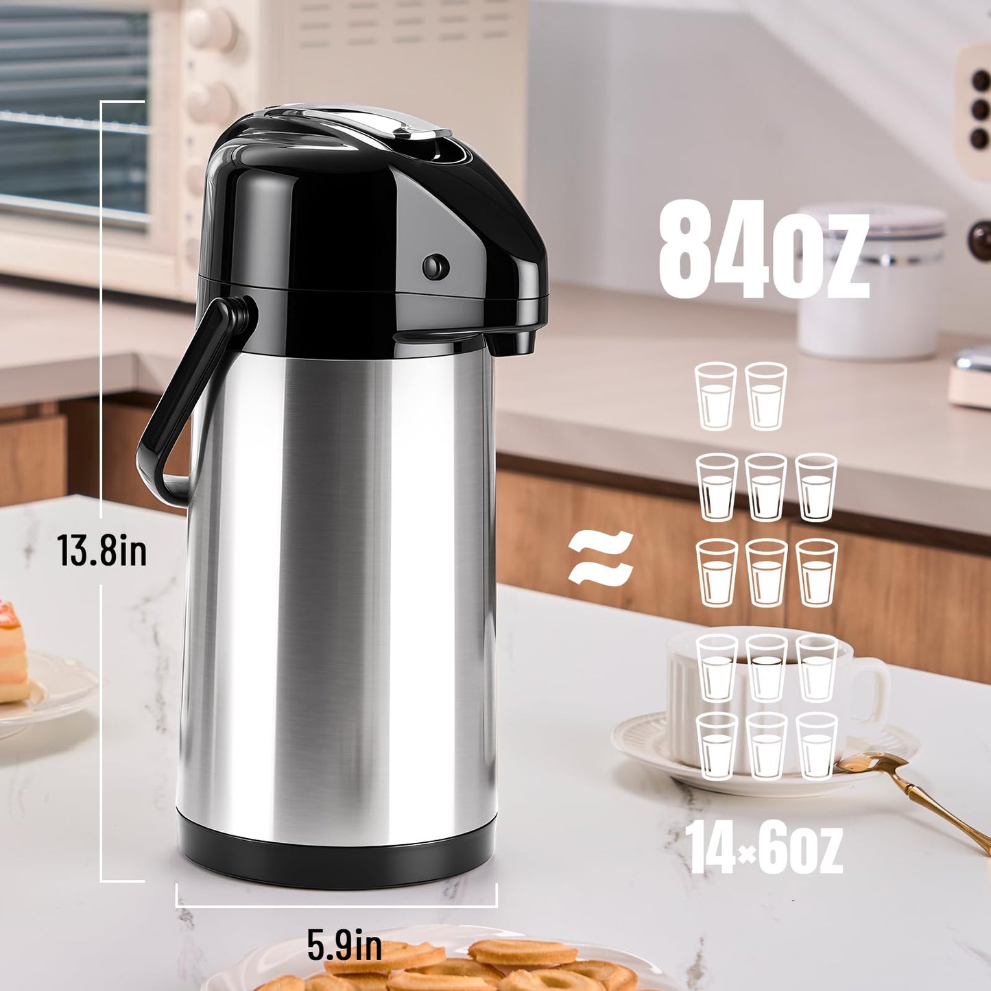 PARACITY Upgraded Airpot Coffee Carafe with Double Pump, Stainless Steel Drink Dispenser for Hot/Cold Beverage with Lazy Susan Base, Coffee Termos Para Cafe for Hot Cocoa for Parties