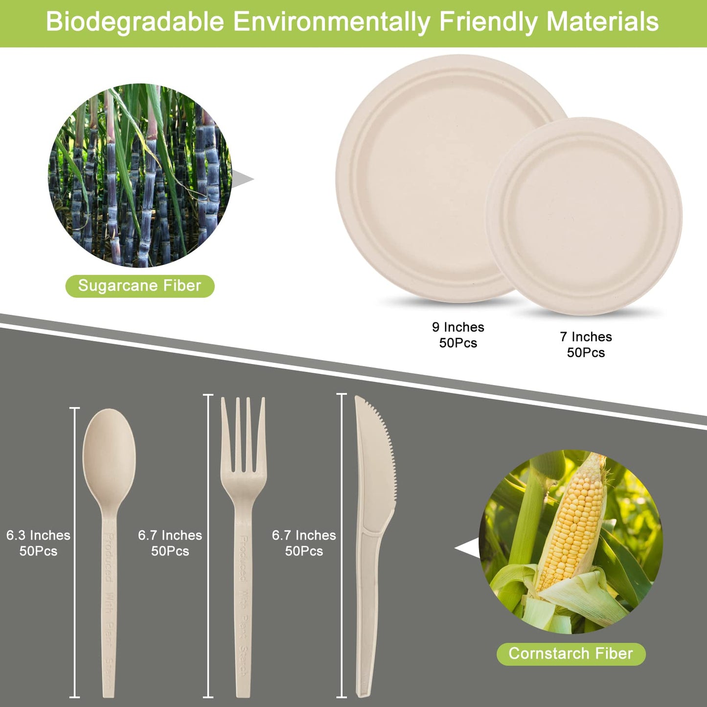 Unves 250 Piece Compostable Paper Plates Set with Extra Long Utensils, Sugarcane Fibers Disposable Dinnerware Set, Biodegradable Plates, Spoons, Forks and Knives for Party, Camping, Picnic