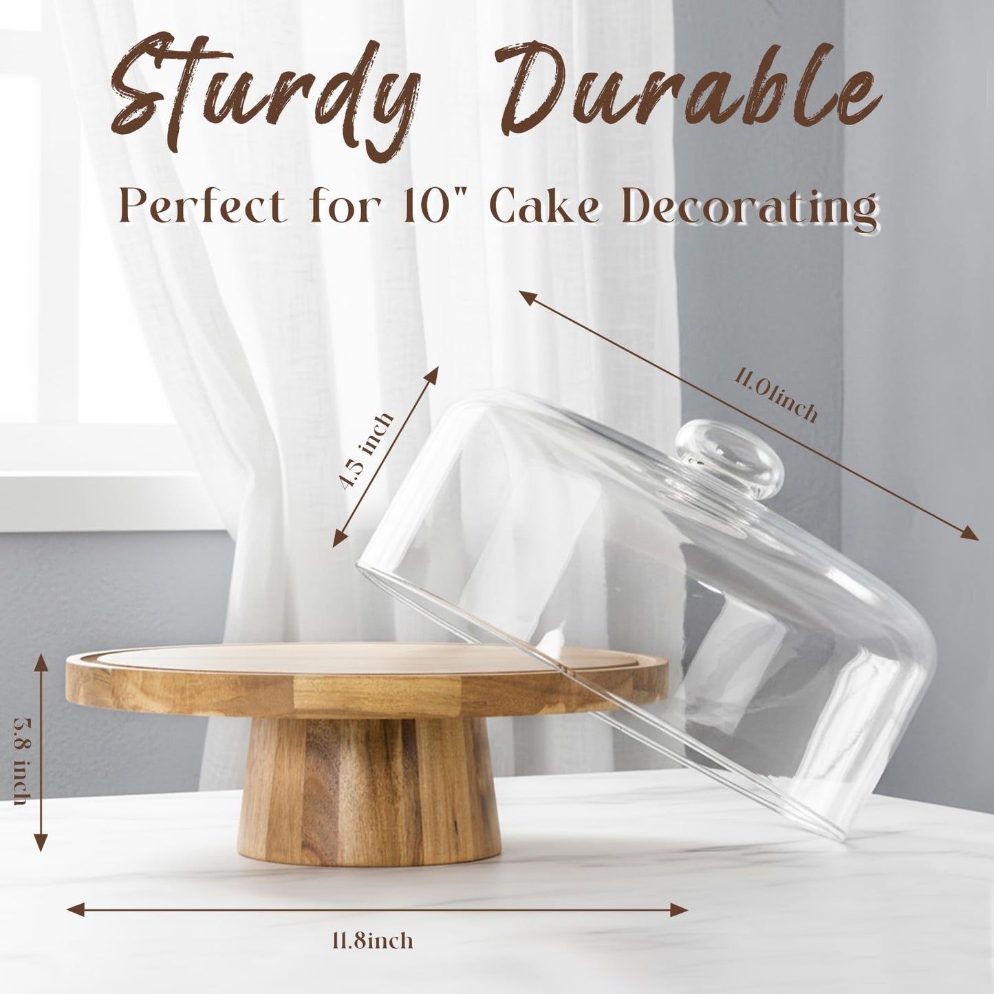 Krbnk Acacia Wood Cake Stand with Lid, 12" Wooden Cake Holder with Glass Dome Cover, 2-In-1 Round Cake Stand Dessert Table Display Set & Charcuterie Board for Weddings, Parties, Bakeries