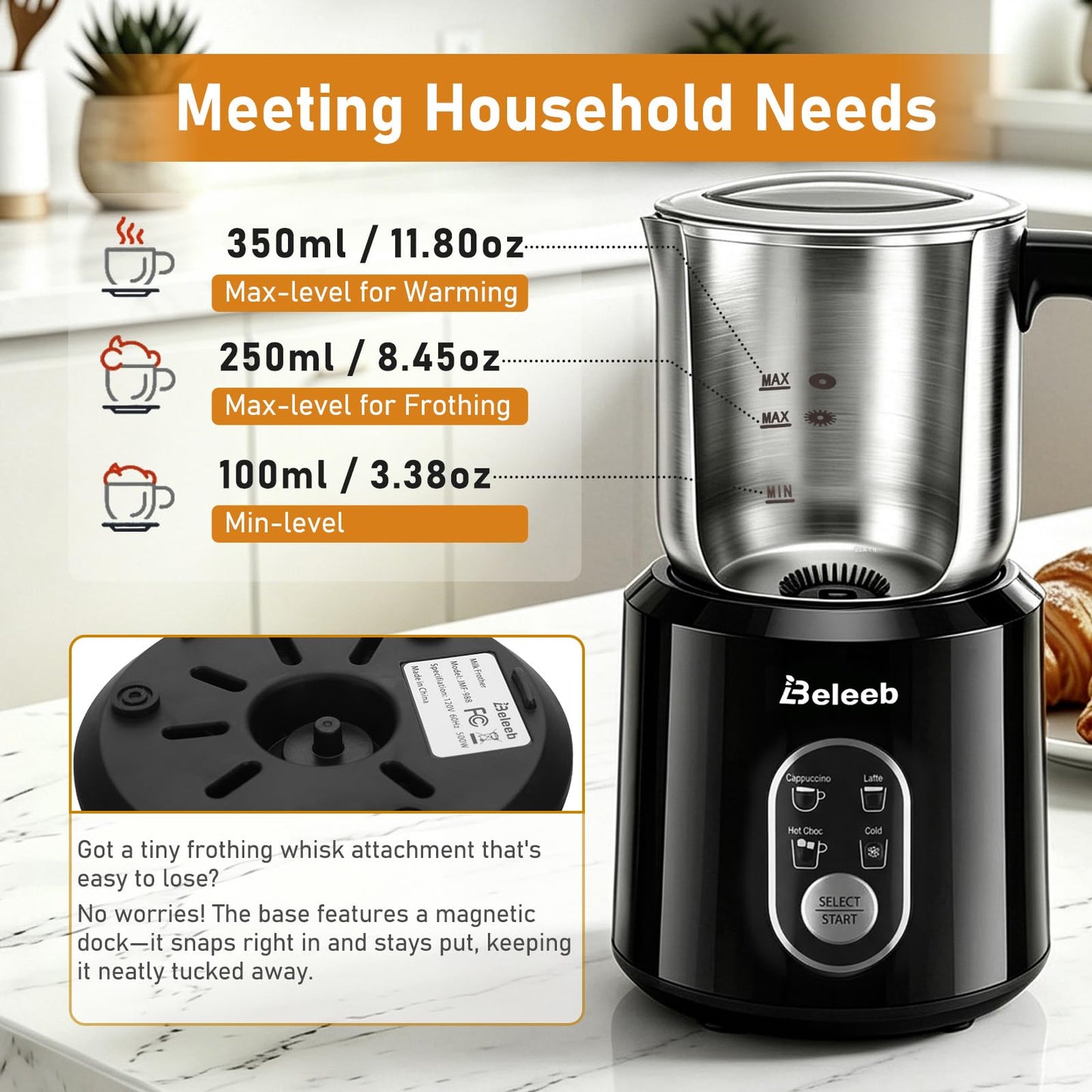 Beleeb Milk Frother, 4-in-1 Automatic Cold & Hot Electric Milk Frother and Steamer, 11.8oz/350ml Stainless Steel Milk Warmer, Quick and Easy for Effortlessly Making Cappuccino, Latte, Dishwasher Safe