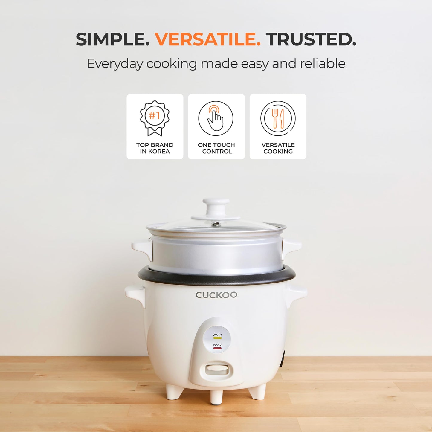 CUCKOO One Touch Rice Cooker 3-Cup (Uncooked) / 6-Cup (Cooked), Mini Rice Cooker & Warmer with Steamer Tray, Versatile Grain Cooker, Soup Maker, Auto Keep Warm, White (CR-0301C)