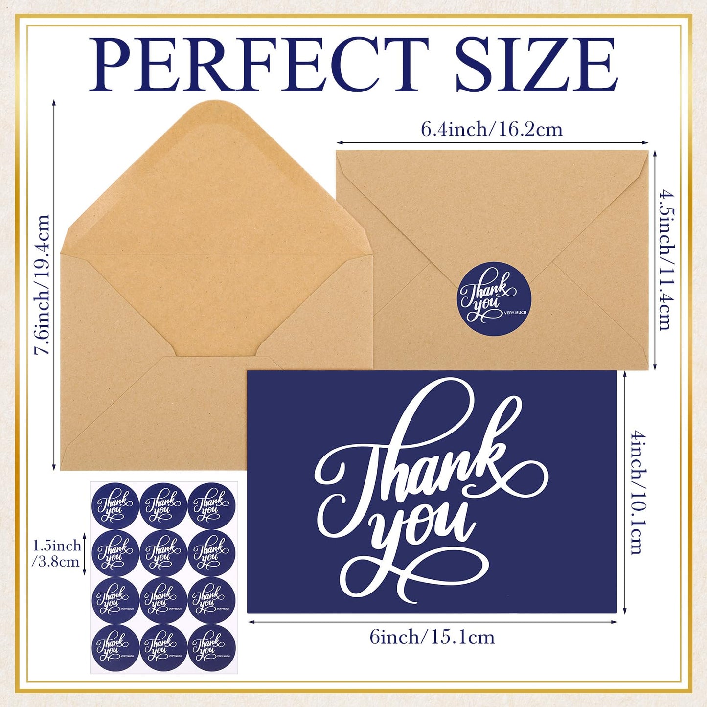 Fulmoon 200 Pack Navy Blue Thank You Cards with Kraft Envelopes Bulk and Stickers 4x6 Blank Thank You Notes for Wedding Small Business Baby Shower Bridal Shower Graduation Funeral(Navy Blue)