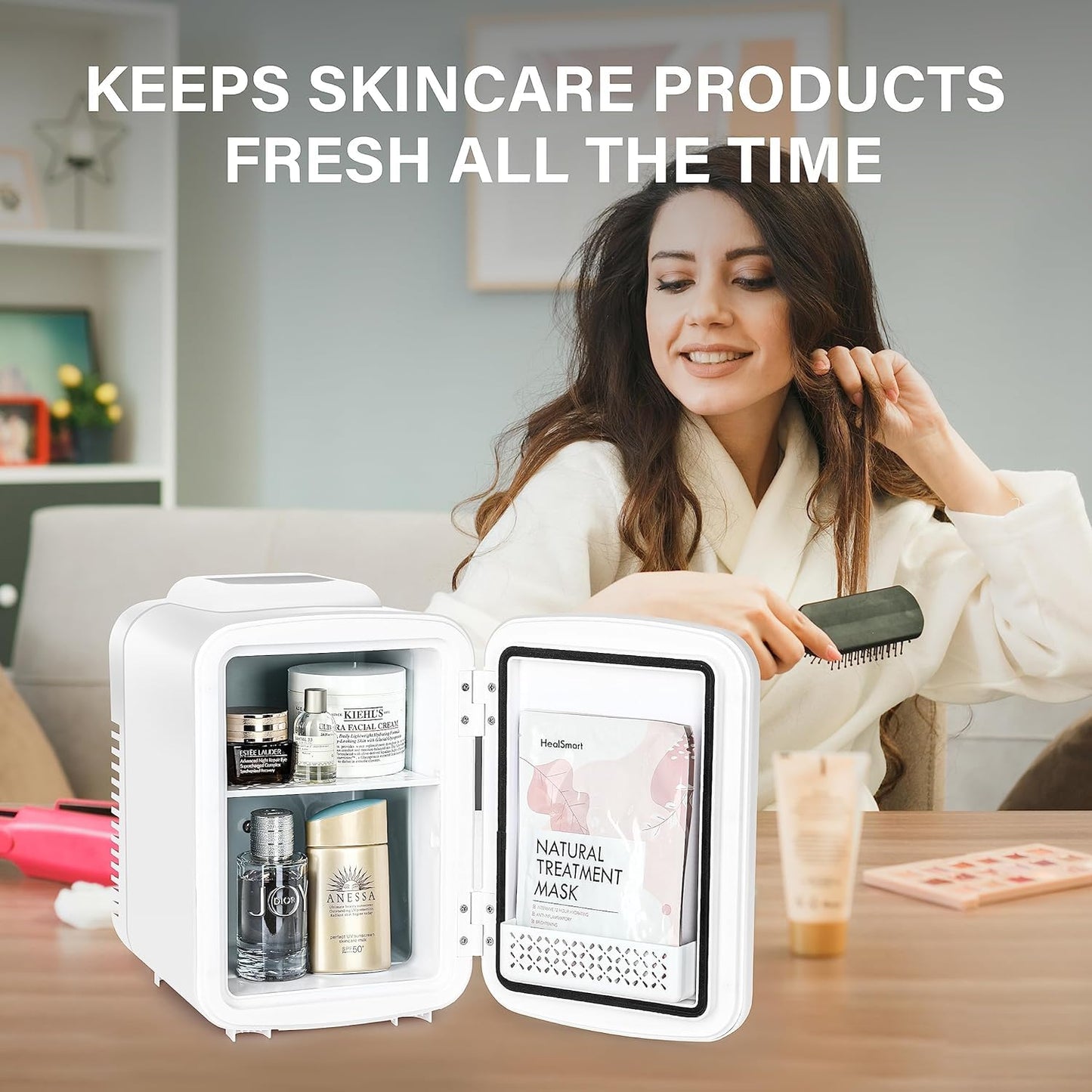 Simple Deluxe Mini Fridge, 4L/6 Can Portable Cooler & Warmer Freon-Free Small Refrigerator, Provide Compact Storage for Skincare, Beverage, Food, Cosmetics, for Bedroom, Office, Dorm, White