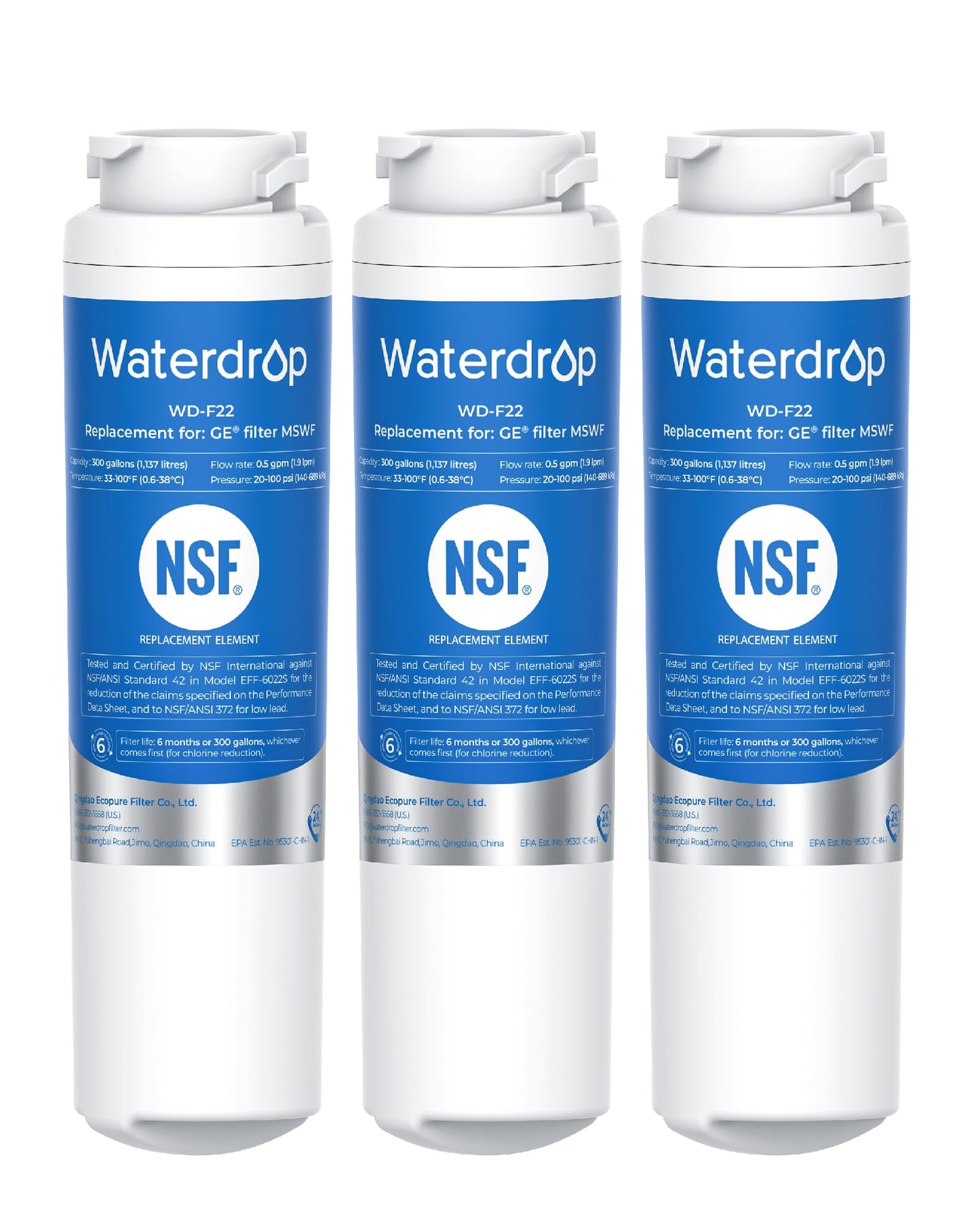 Waterdrop MSWF Refrigerator Water Filter, Replacement for GE® MSWF, 101820A, 101821B, RWF1500A, NSF 42&372 Certified, 3 Pack