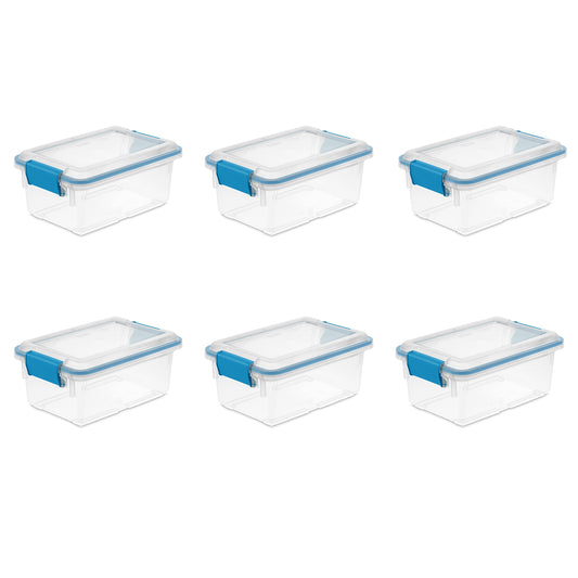 Sterilite 7.5 Qt Gasket Box, Stackable Storage Bin with Latching Lid and Tight Seal, Plastic Container to Organize Basement, Clear Base, Lid, 6-Pack