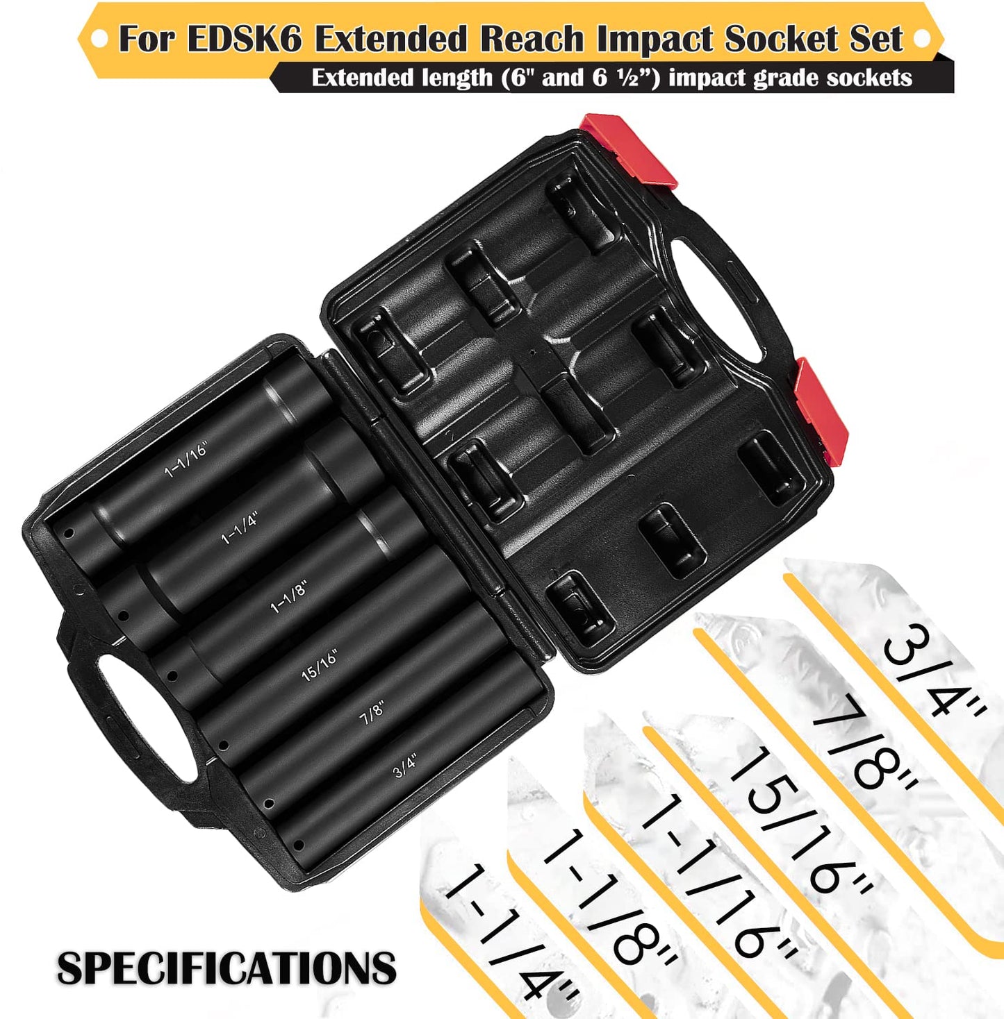 1/2 Inch Drive Extended Length Impact Socket Set 6 Sizes - Hex Sizes 3/4", 7/8", 15/16", 1-1/16”, 1-1/8", 1-1/4"Extra-Deep Length Extra-Deep Impact Set Heavy Duty with Case