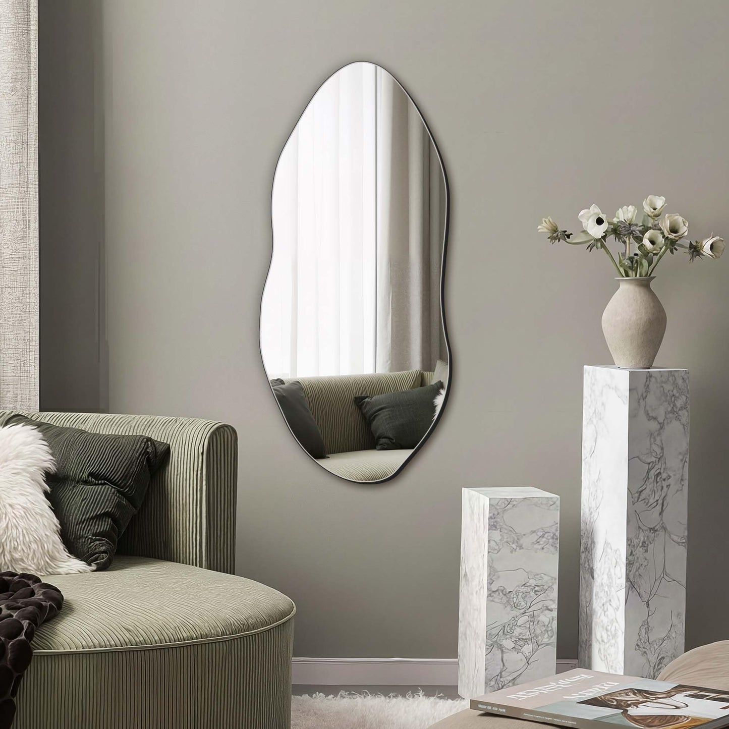 Delma Irregular Wall Mirror,32"x14" Slim Vertical Wavy Design,Frameless Decorative Mirror for Entryway,Hallway & Bathroom,Modern Boho Wall-Mounted