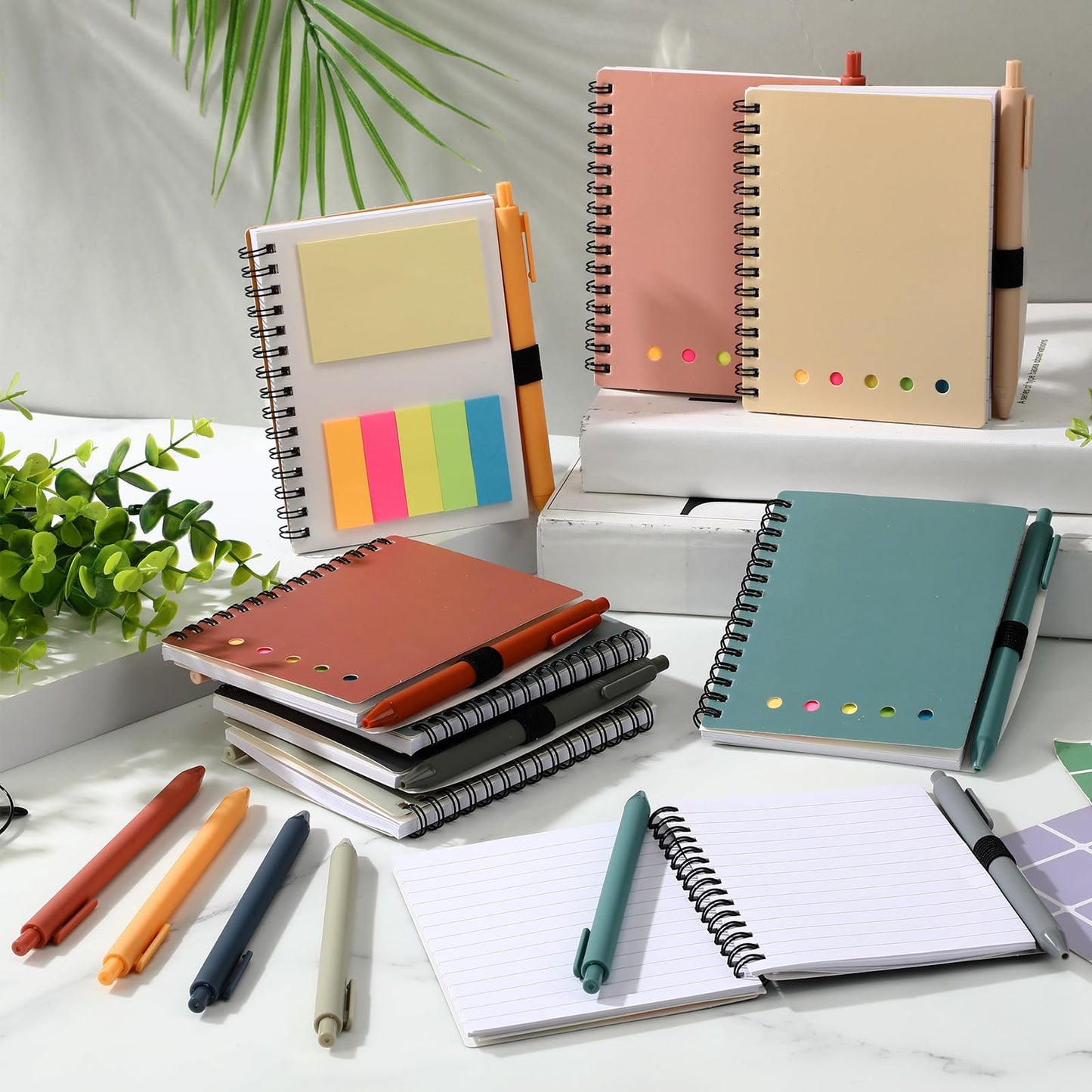 Chuangdi 20 Sets Lined Spiral Notebooks with Sticky Notes and Bamboo Pens, End of School Year Gifts for Office Teachers Staff, Boho Notebook with Pen Bulk for Graduation Gift Back-to-school (Ethnic)